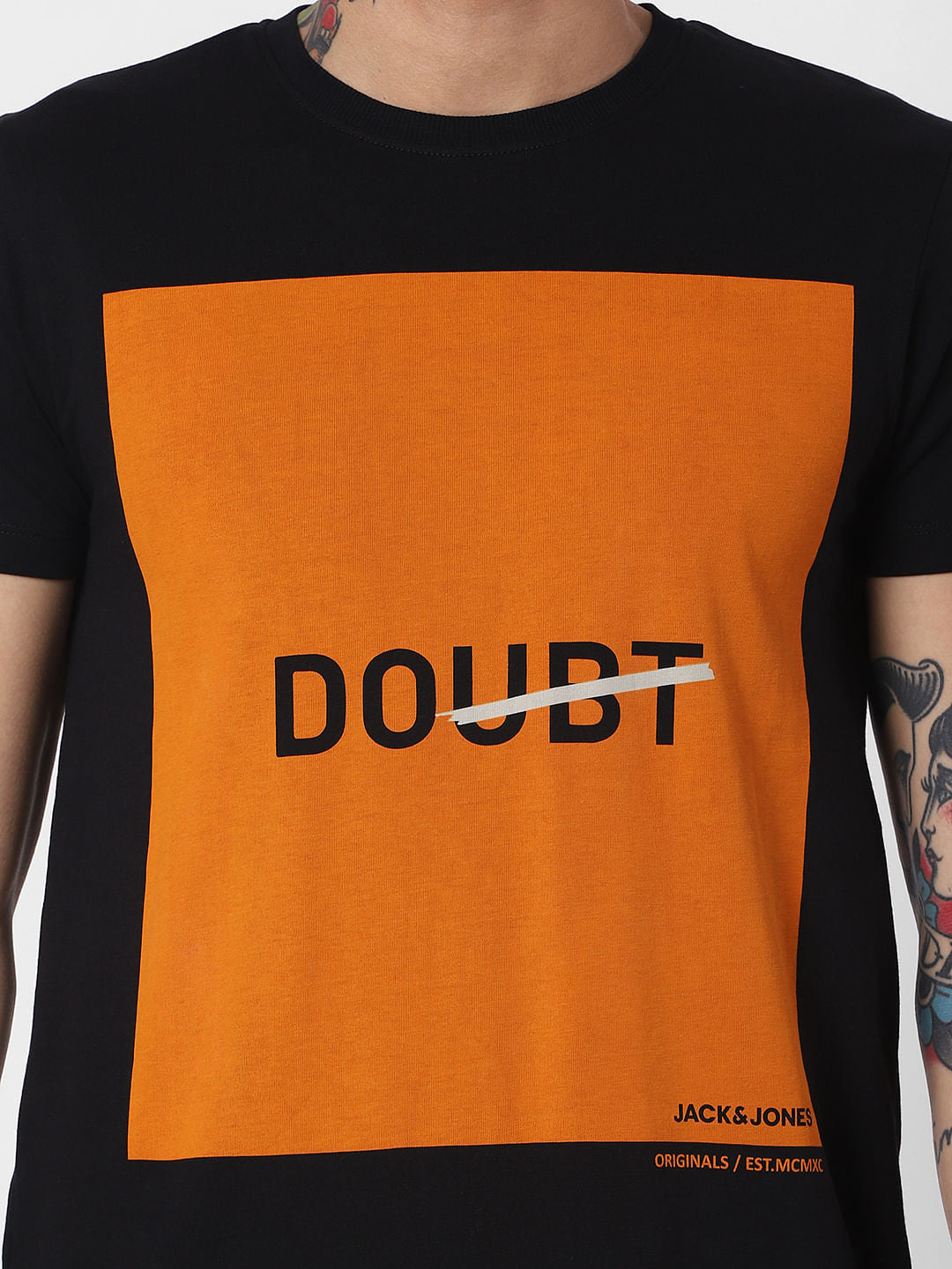 Black Text Print Crew Neck T-Shirt