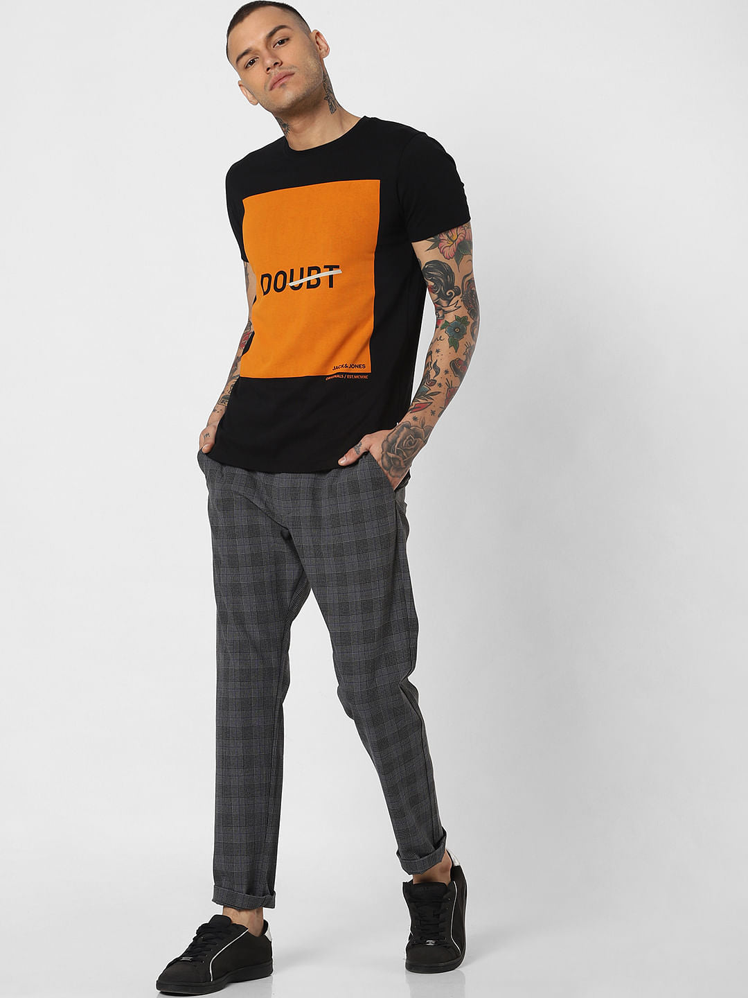 Black Text Print Crew Neck T-Shirt