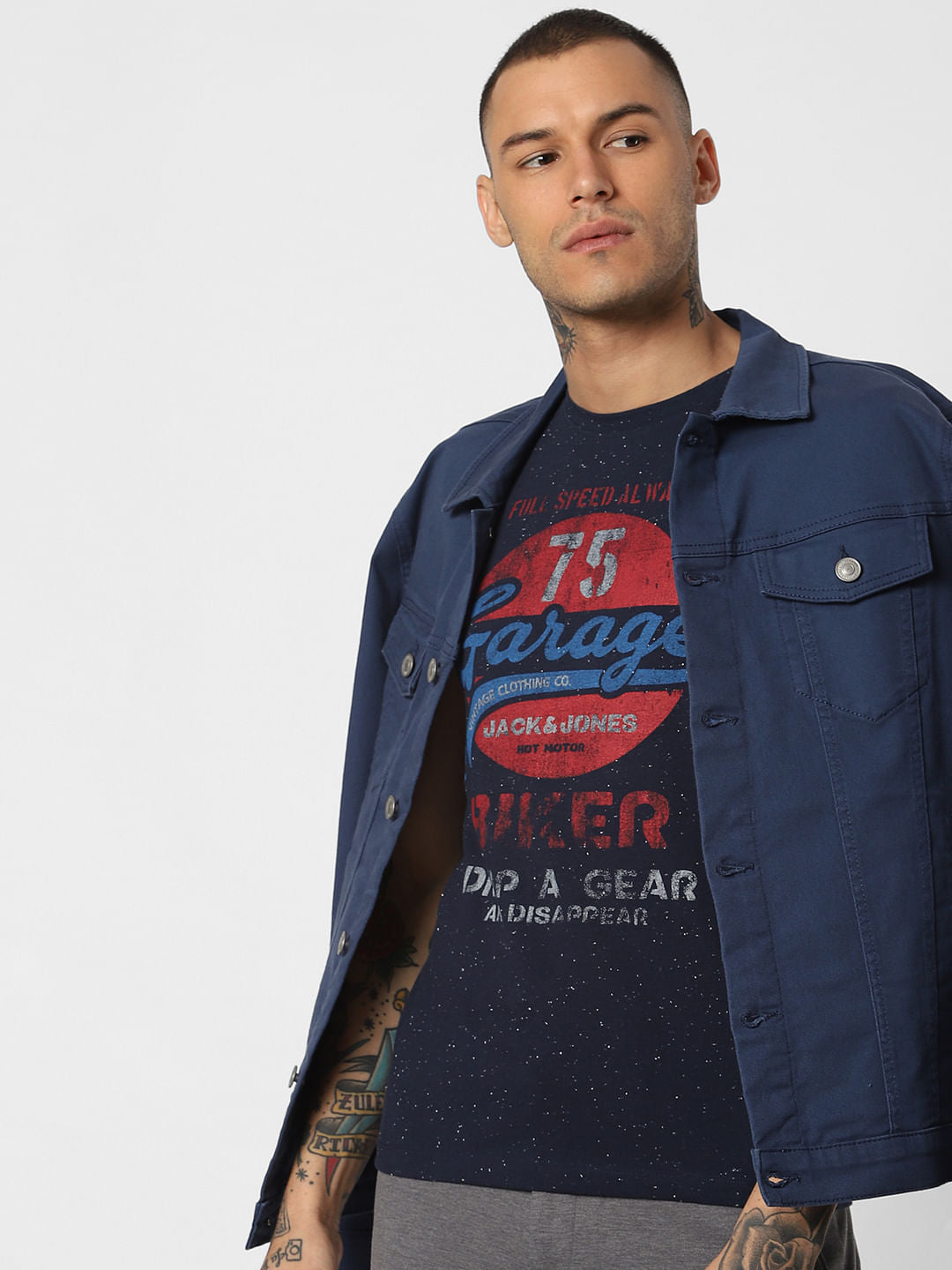 Navy Blue Typographic Print Crew Neck T-Shirt - S
