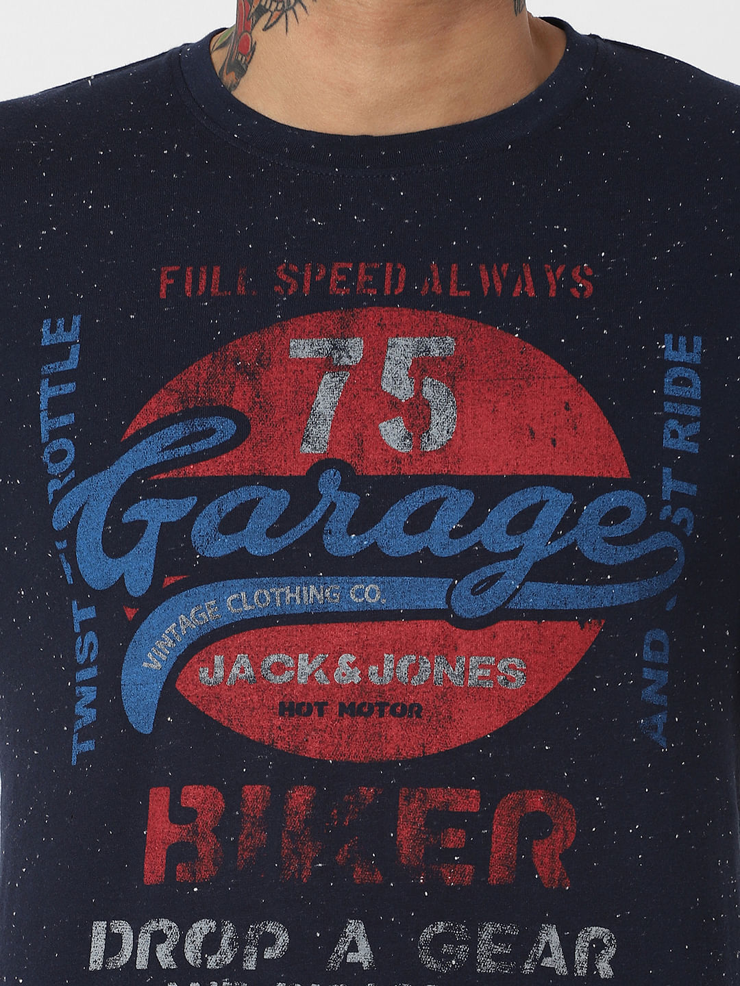Navy Blue Typographic Print Crew Neck T-Shirt
