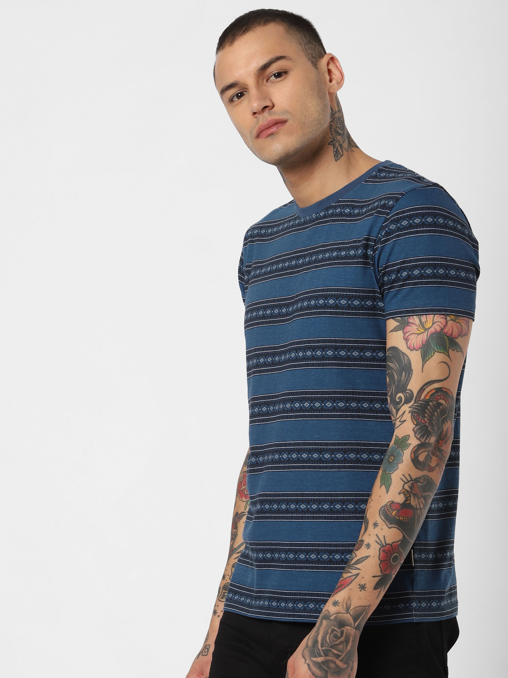 Blue Striped Crew Neck T-Shirt