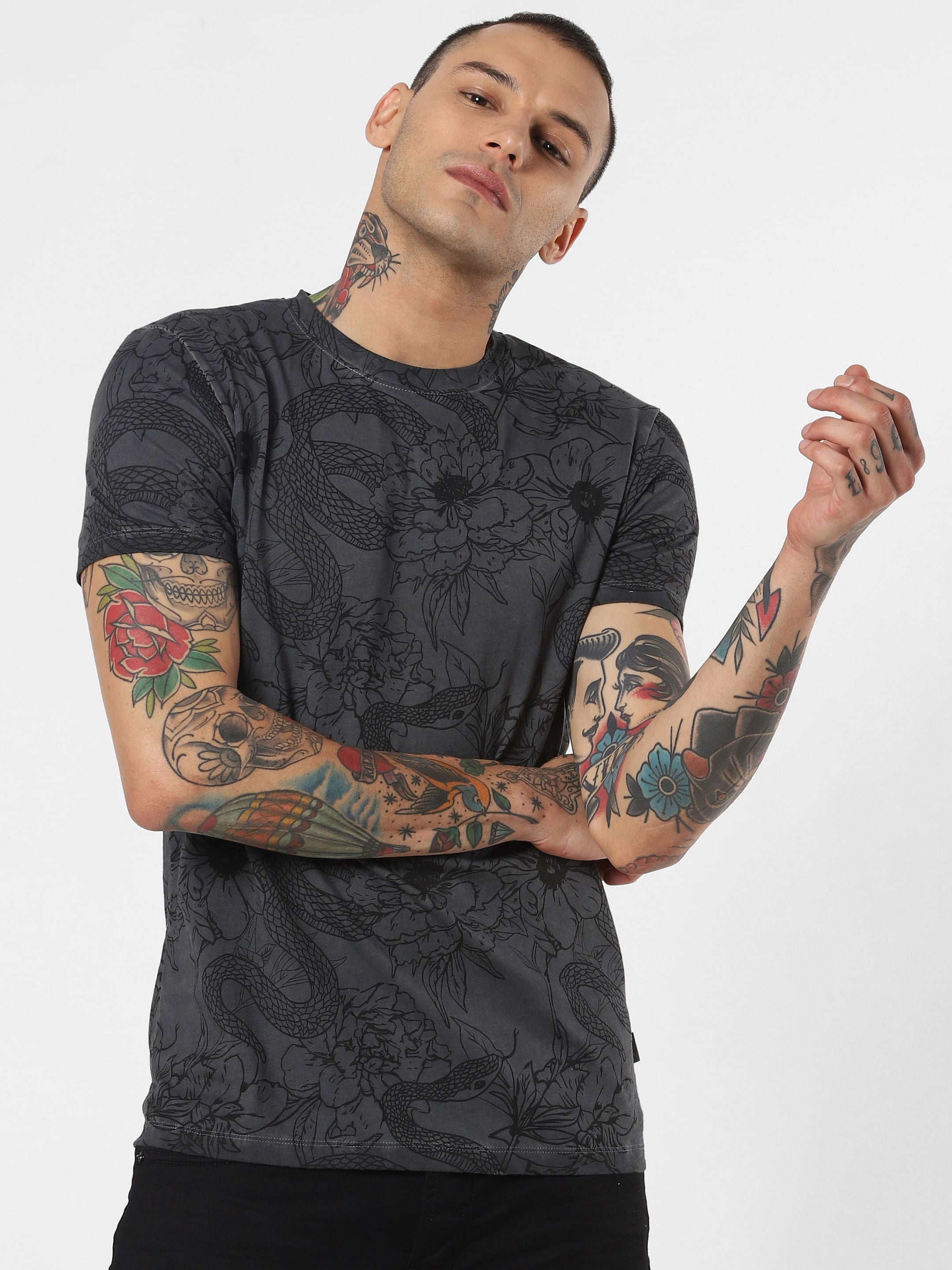 Black All Over Print Crew Neck T-Shirt