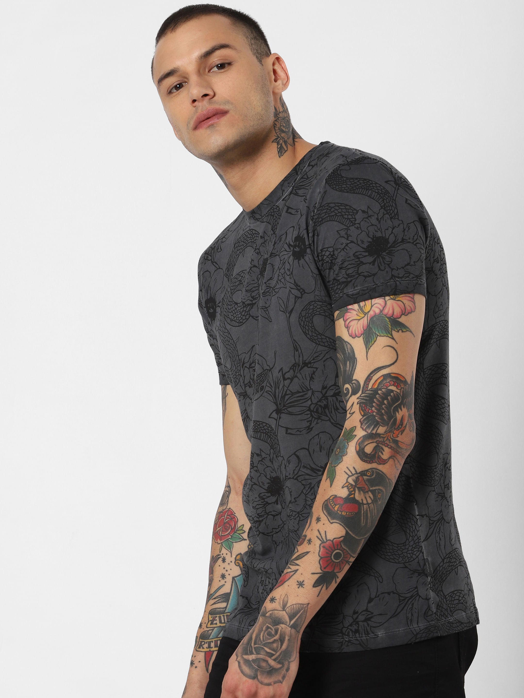 Black All Over Print Crew Neck T-Shirt