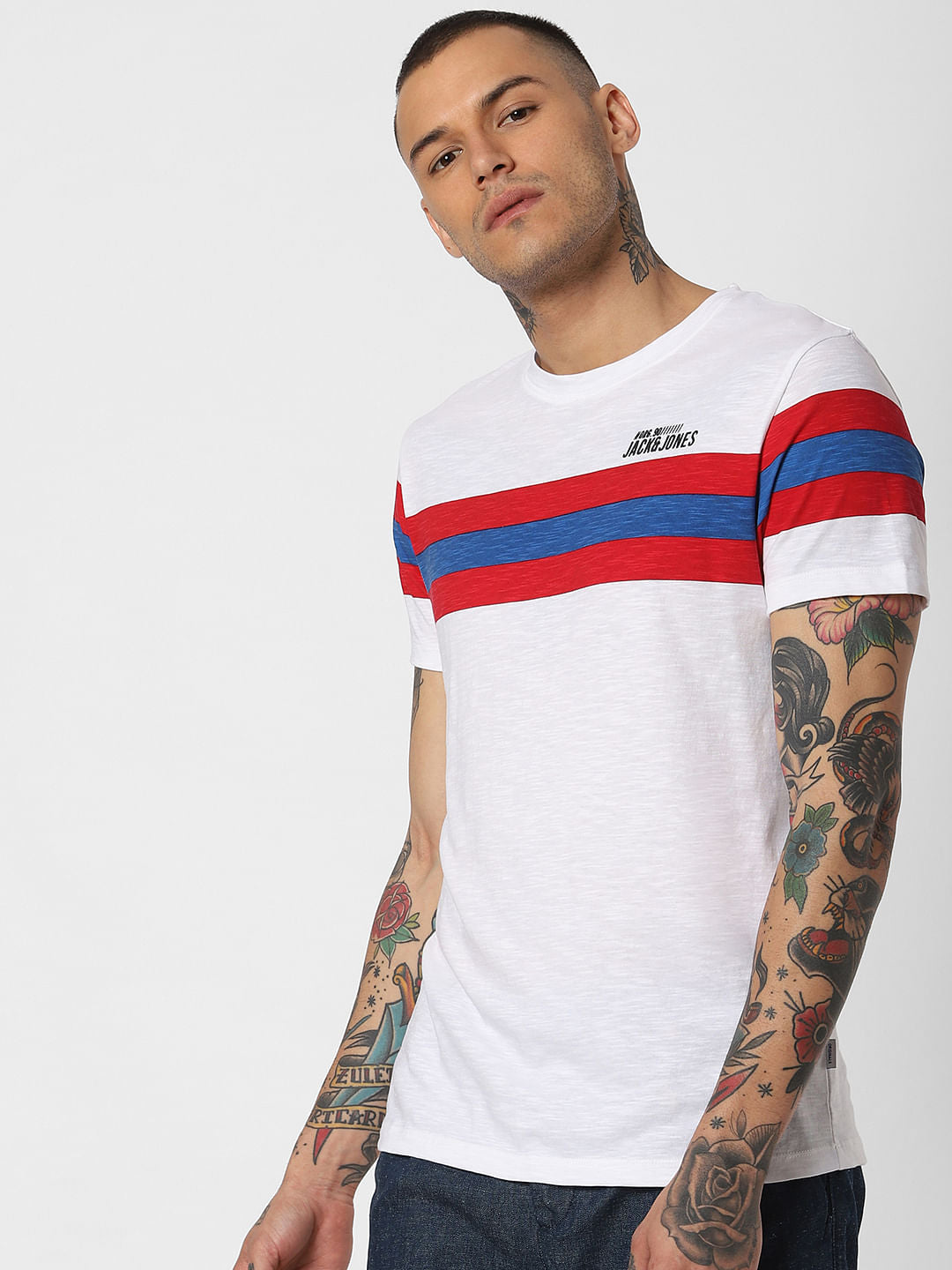 White Striped Patch Crew Neck T-Shirt