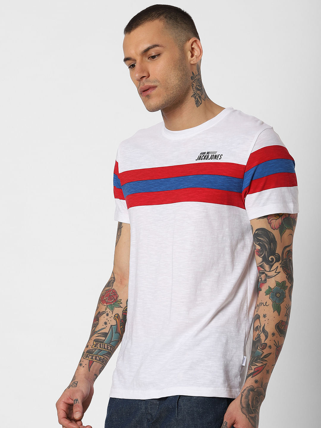 White Striped Patch Crew Neck T-Shirt