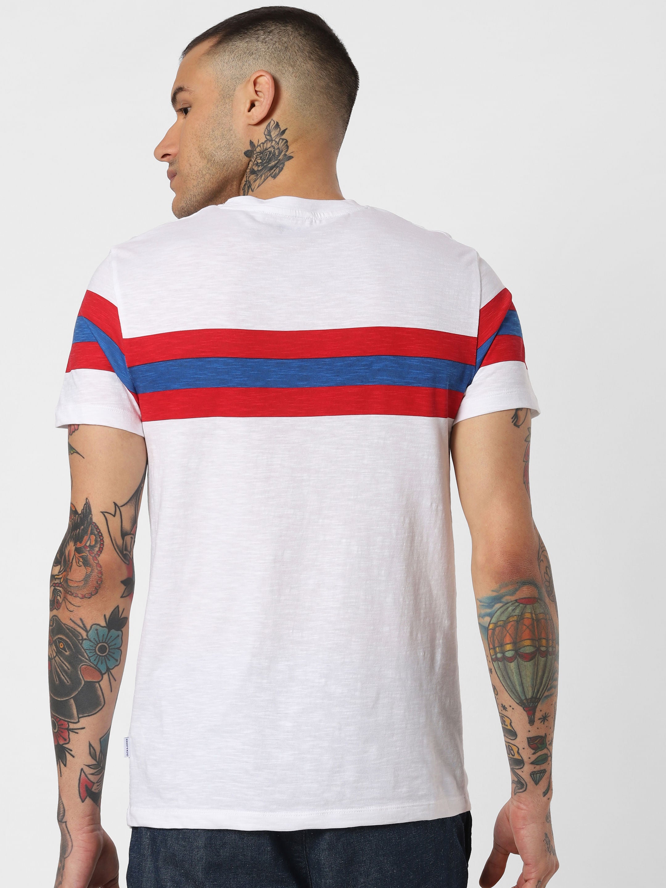 White Striped Patch Crew Neck T-Shirt