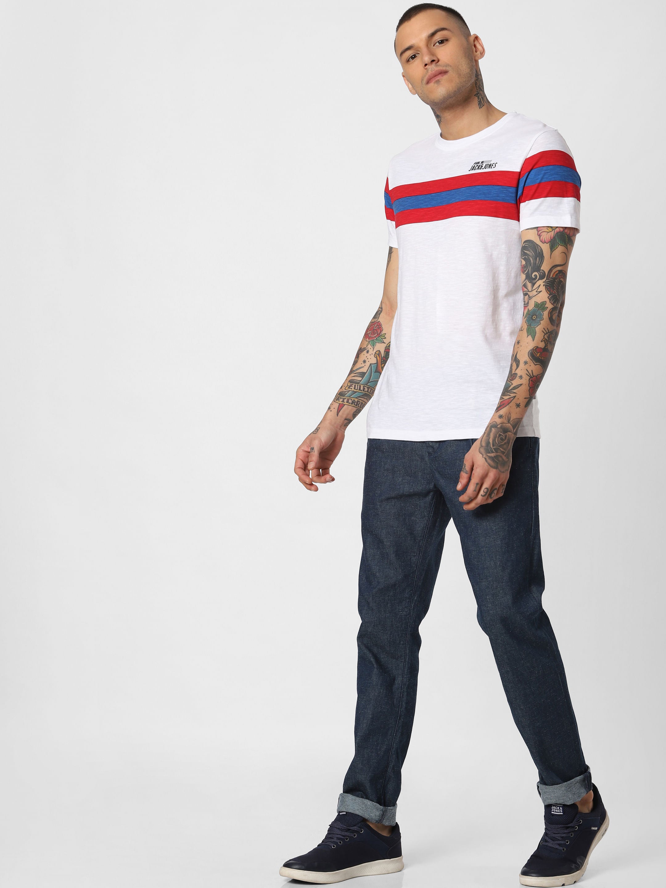 White Striped Patch Crew Neck T-Shirt