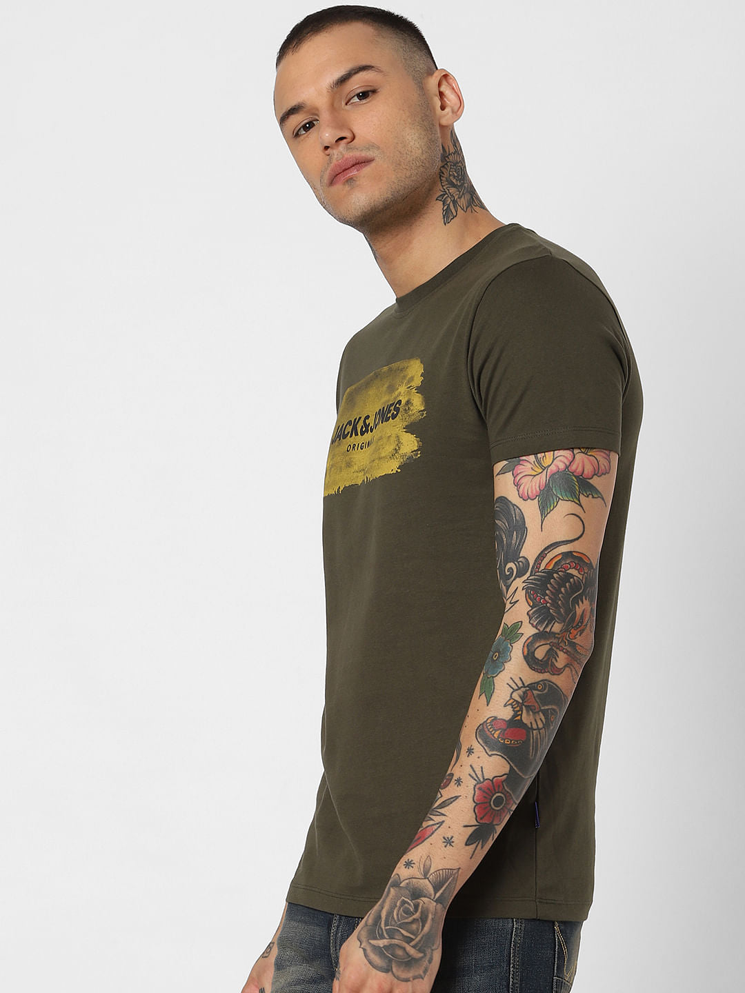 Dark Green Logo Print Crew Neck T-Shirt