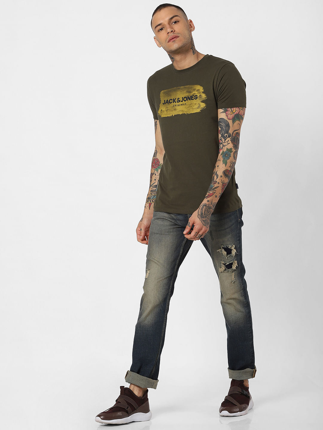 Dark Green Logo Print Crew Neck T-Shirt