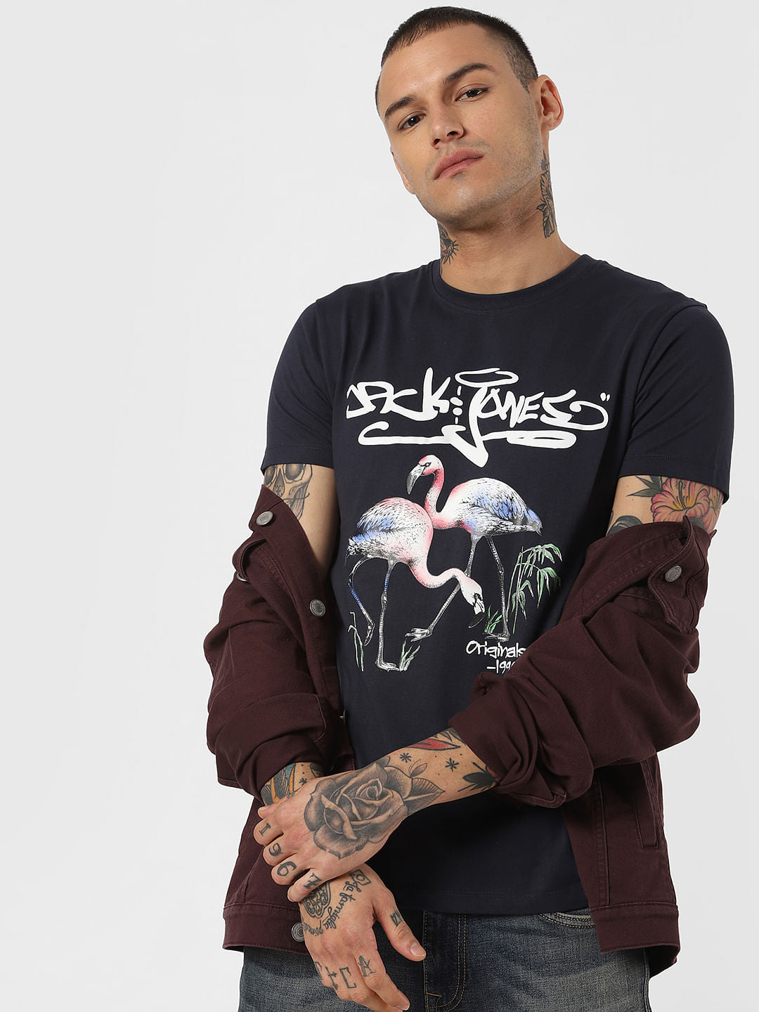 Navy Blue Flamingo Print Crew Neck T-Shirt