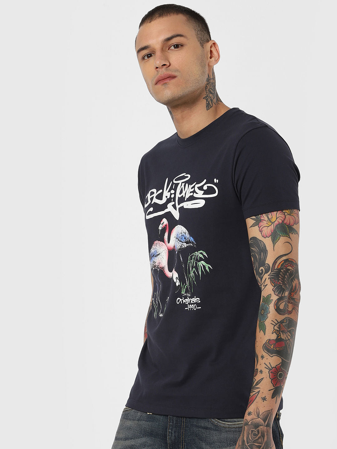 Navy Blue Flamingo Print Crew Neck T-Shirt