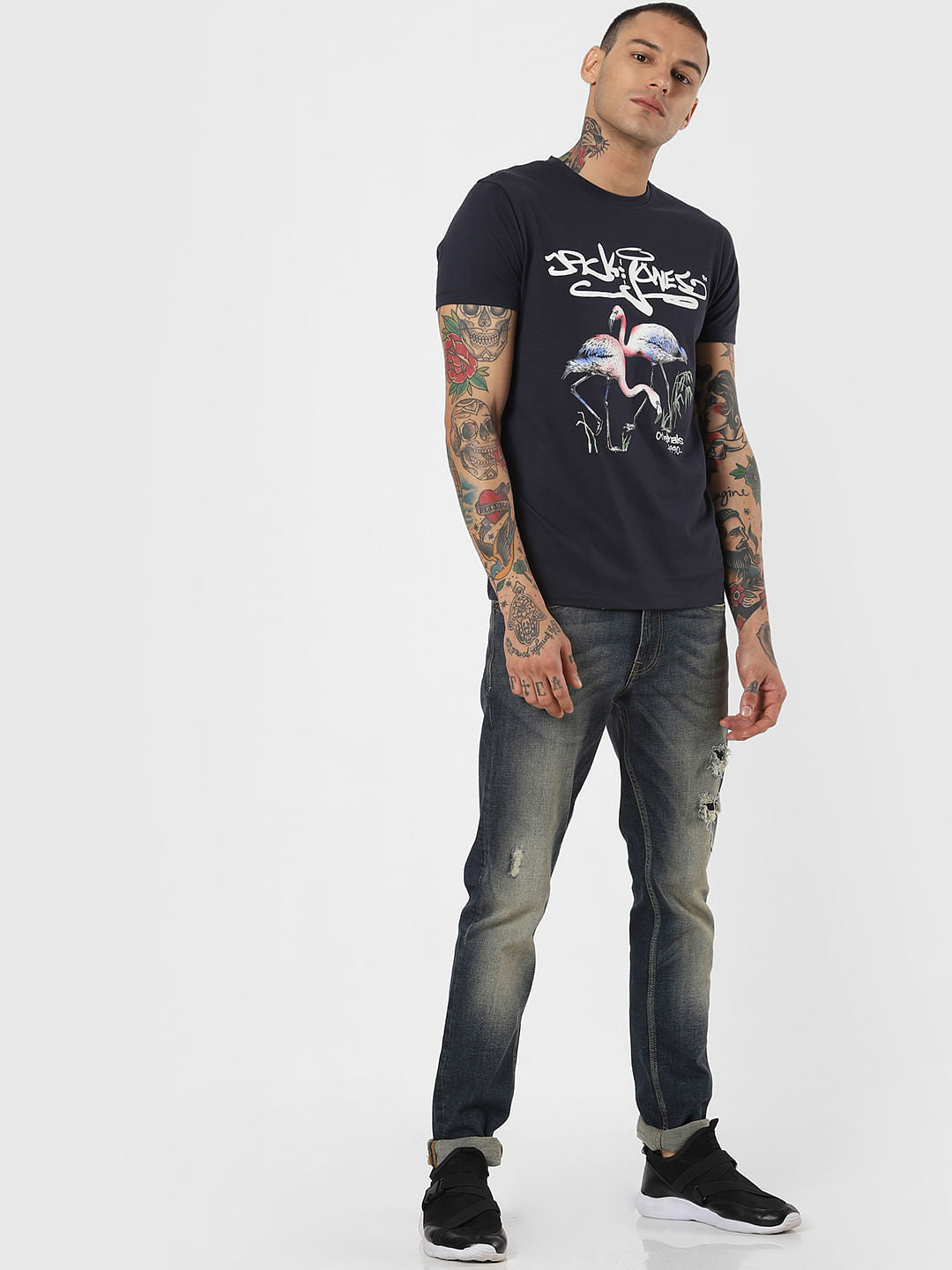 Navy Blue Flamingo Print Crew Neck T-Shirt