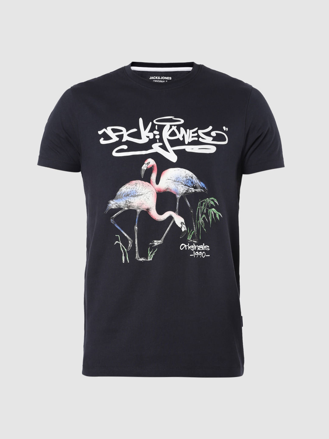 Navy Blue Flamingo Print Crew Neck T-Shirt