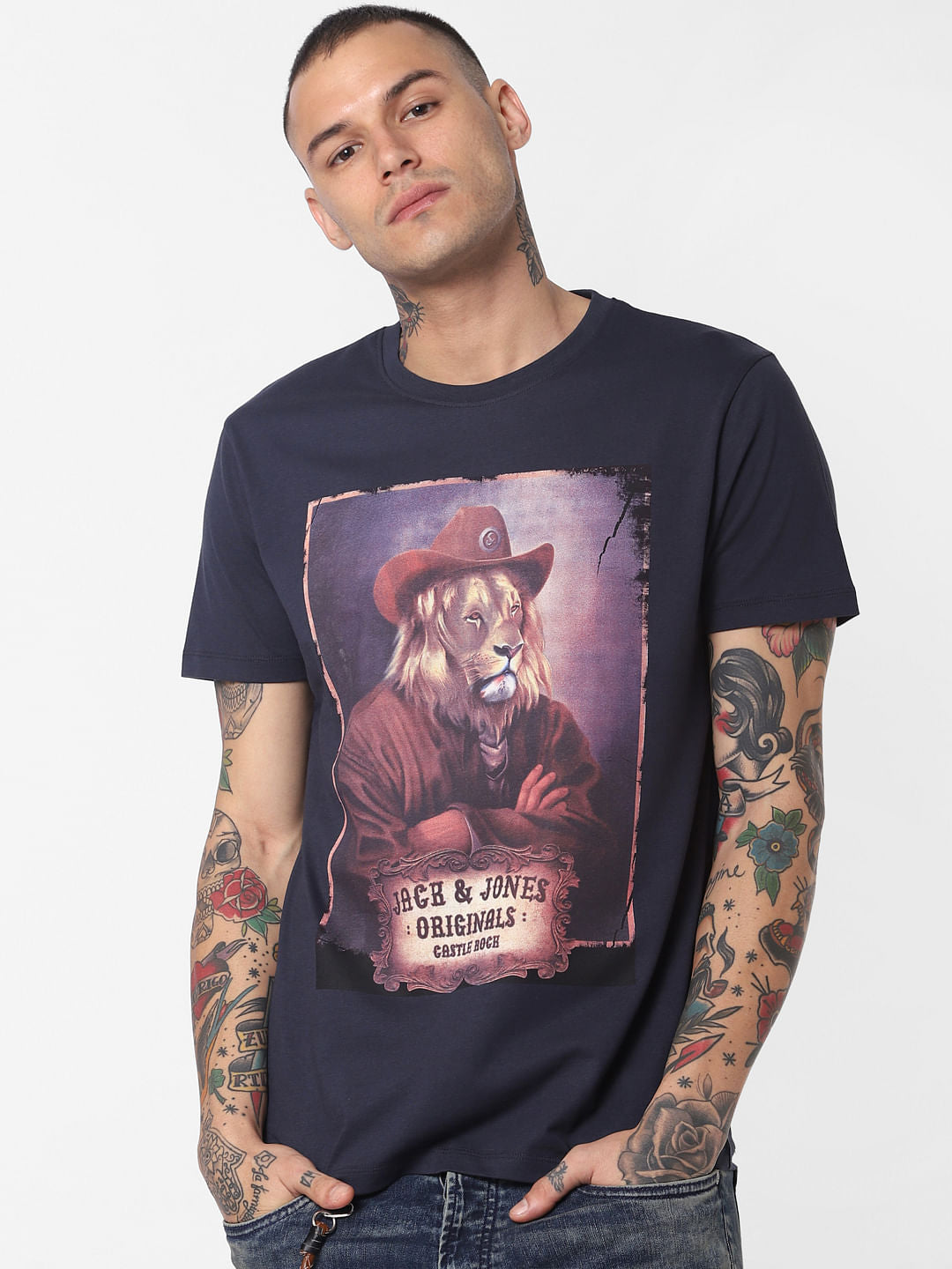 Navy Blue Graphic Print Crew Neck T-Shirt - S