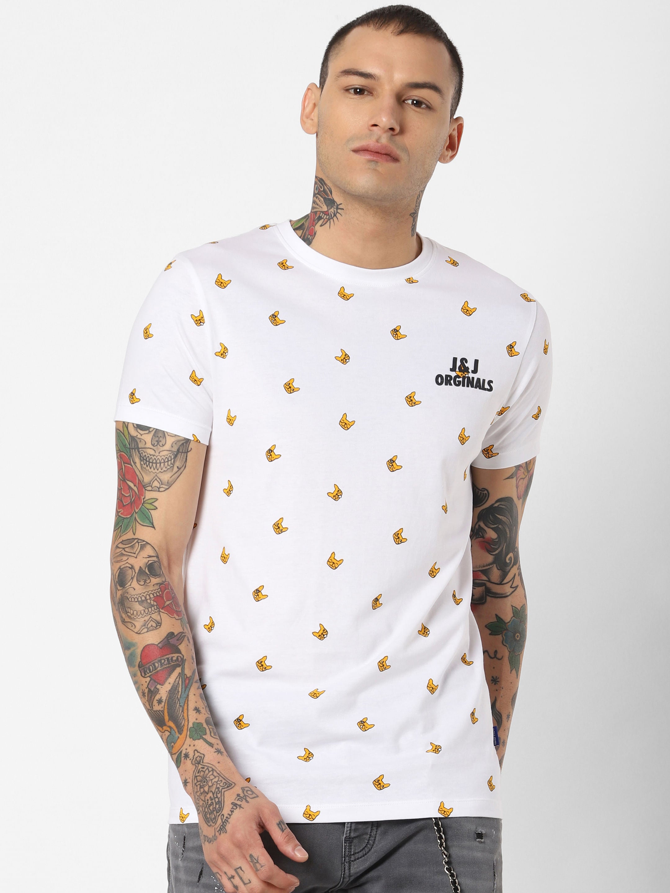 White All Over Print Crew Neck T-Shirt
