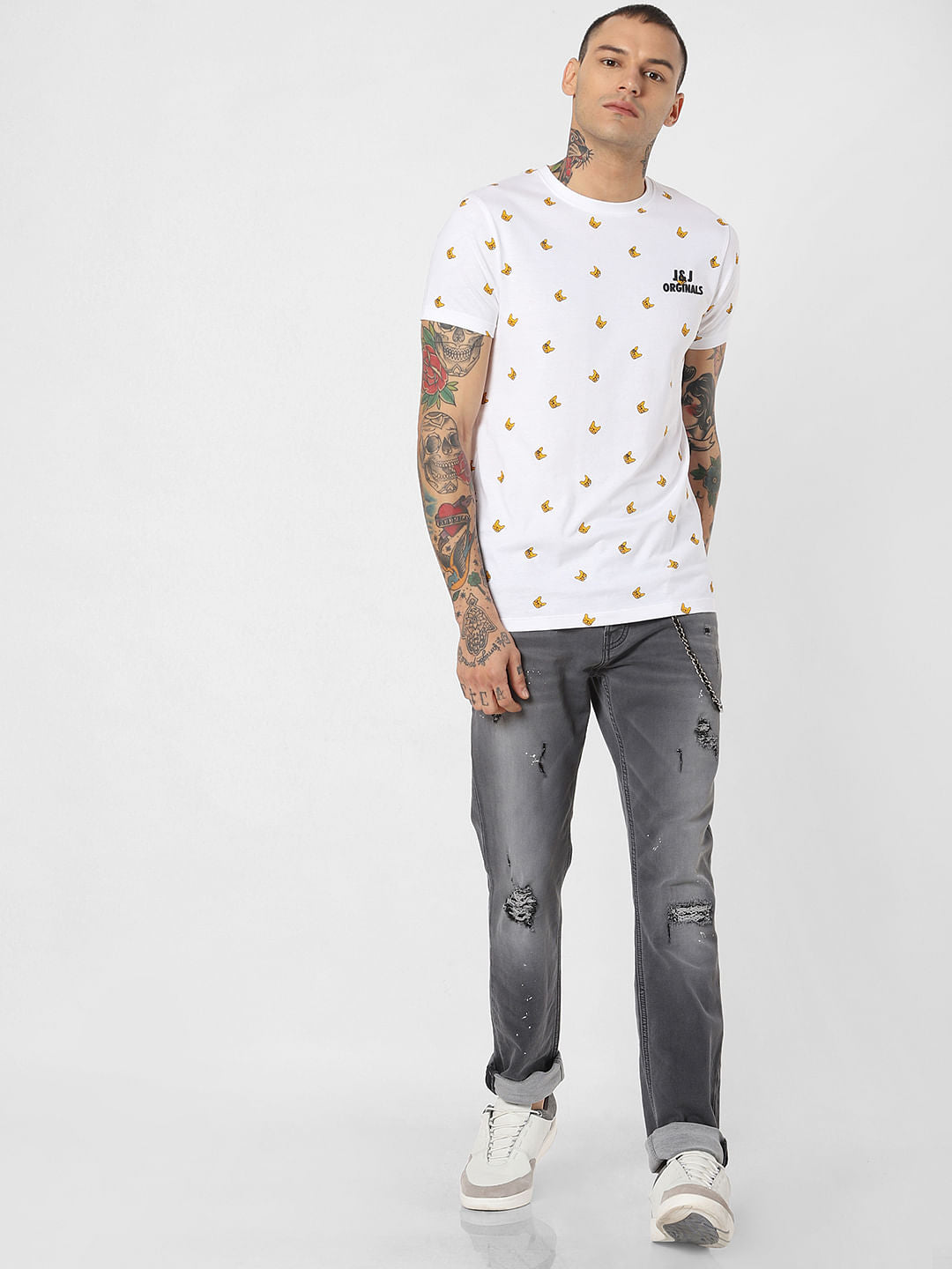 White All Over Print Crew Neck T-Shirt