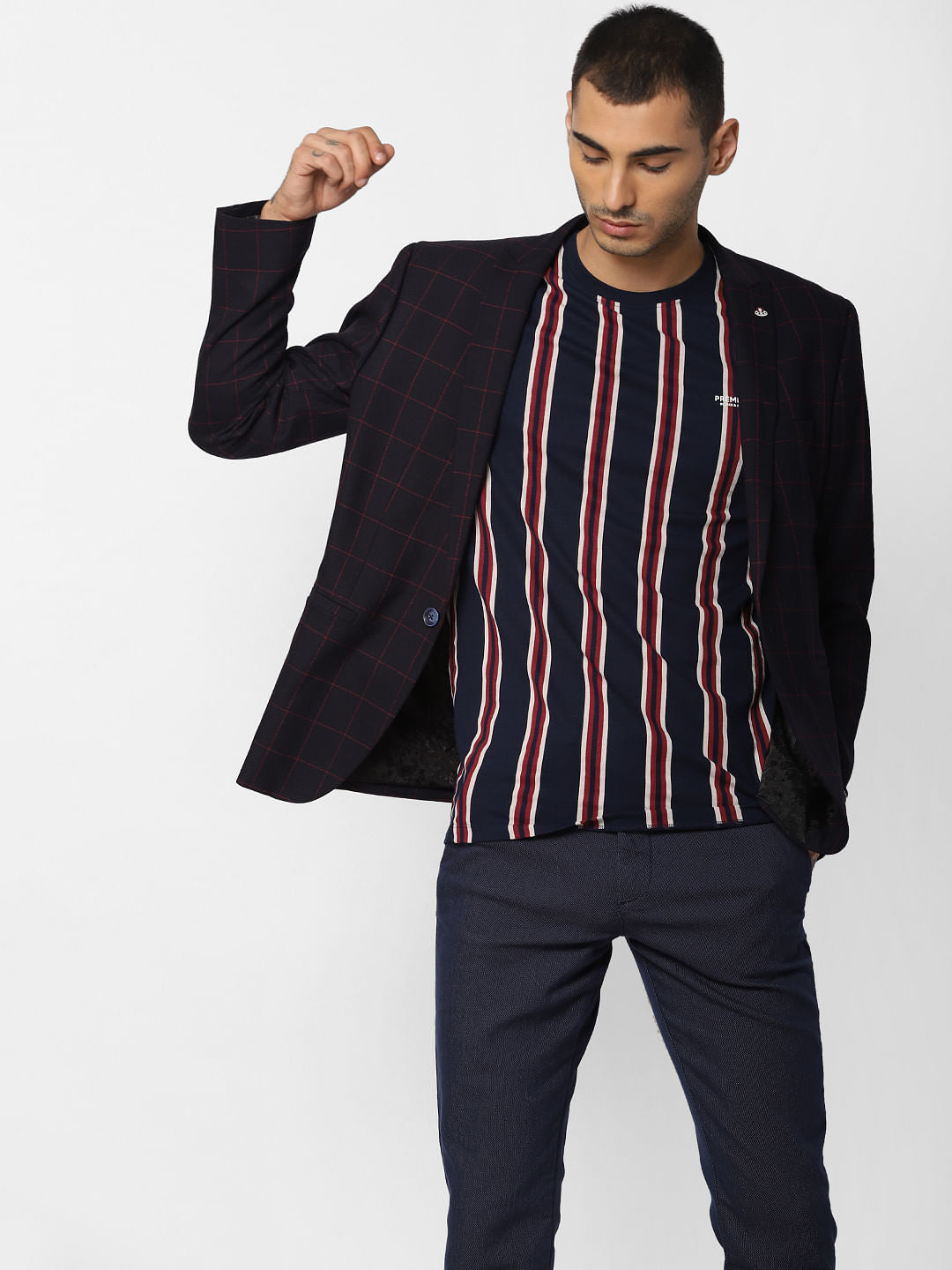 Navy Blue Striped Crew Neck T-shirt - S