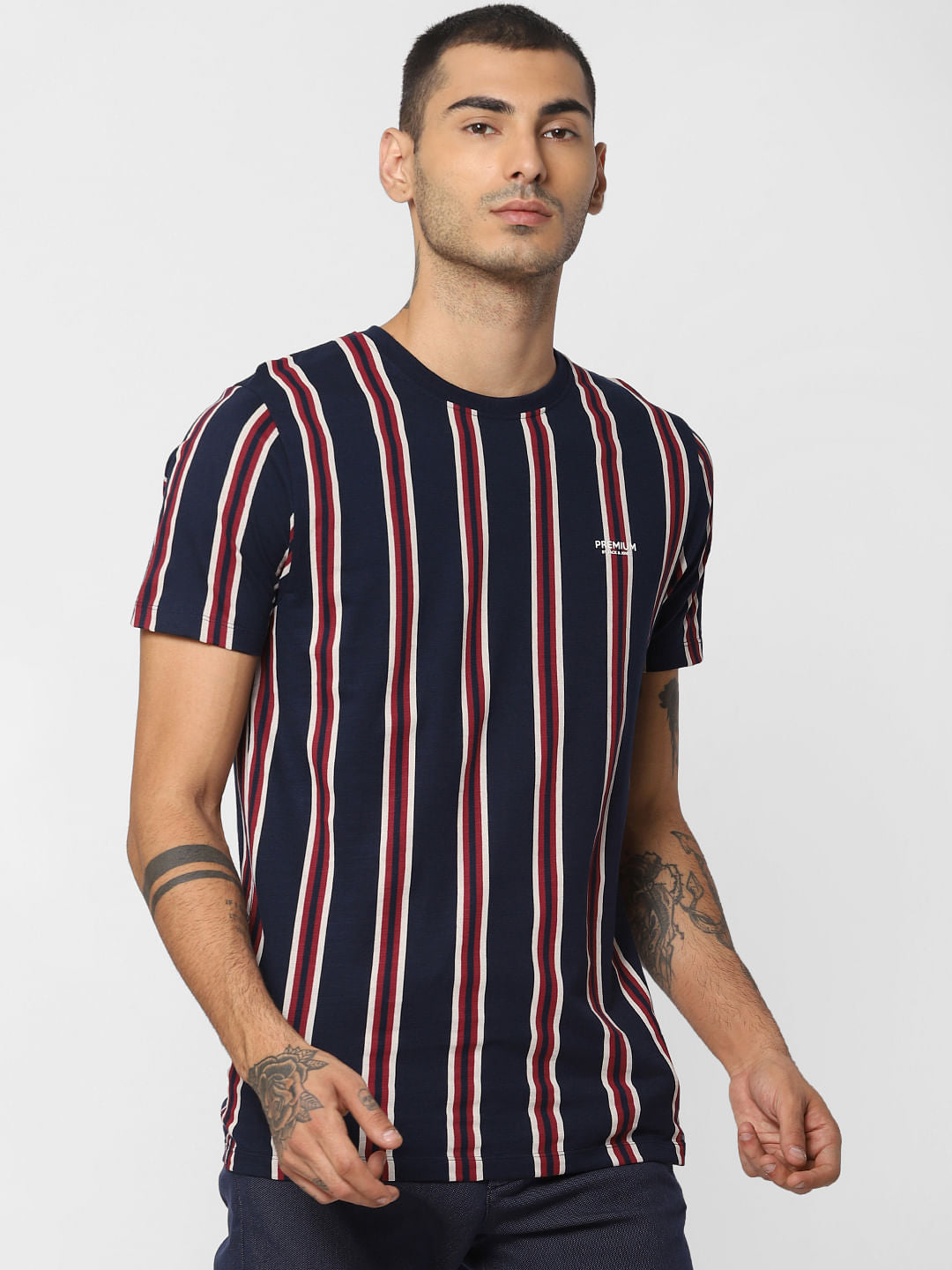 Navy Blue Striped Crew Neck T-shirt