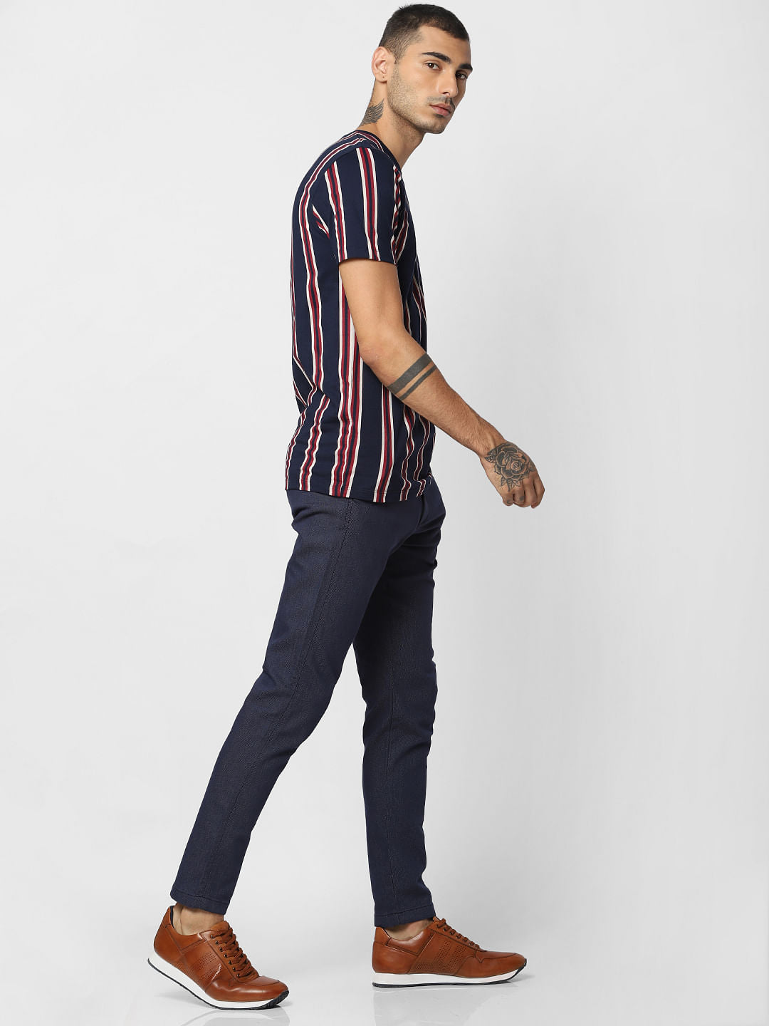 Navy Blue Striped Crew Neck T-shirt