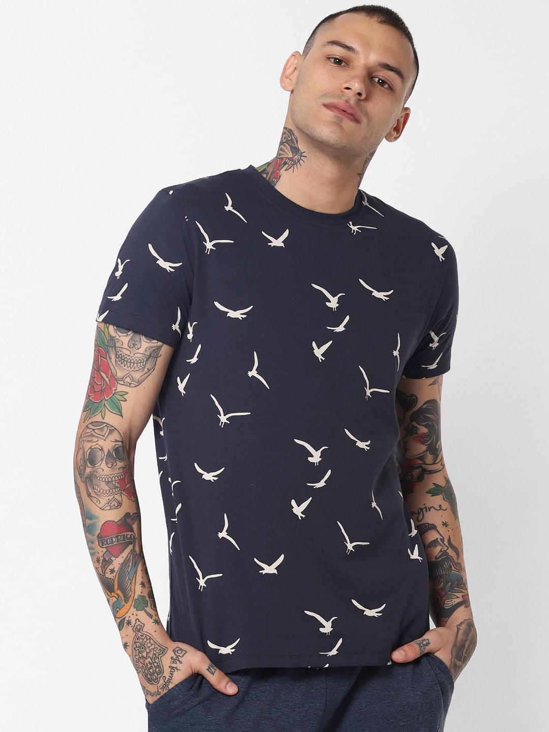 Blue Printed Crew Neck T-shirt