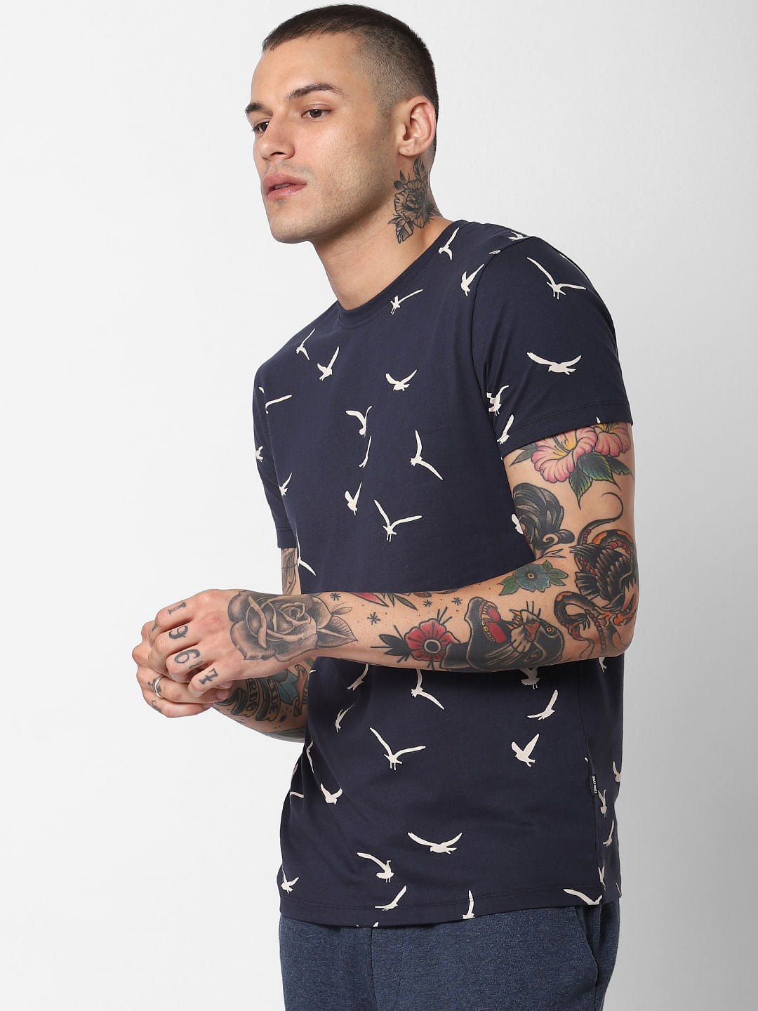 Blue Printed Crew Neck T-shirt