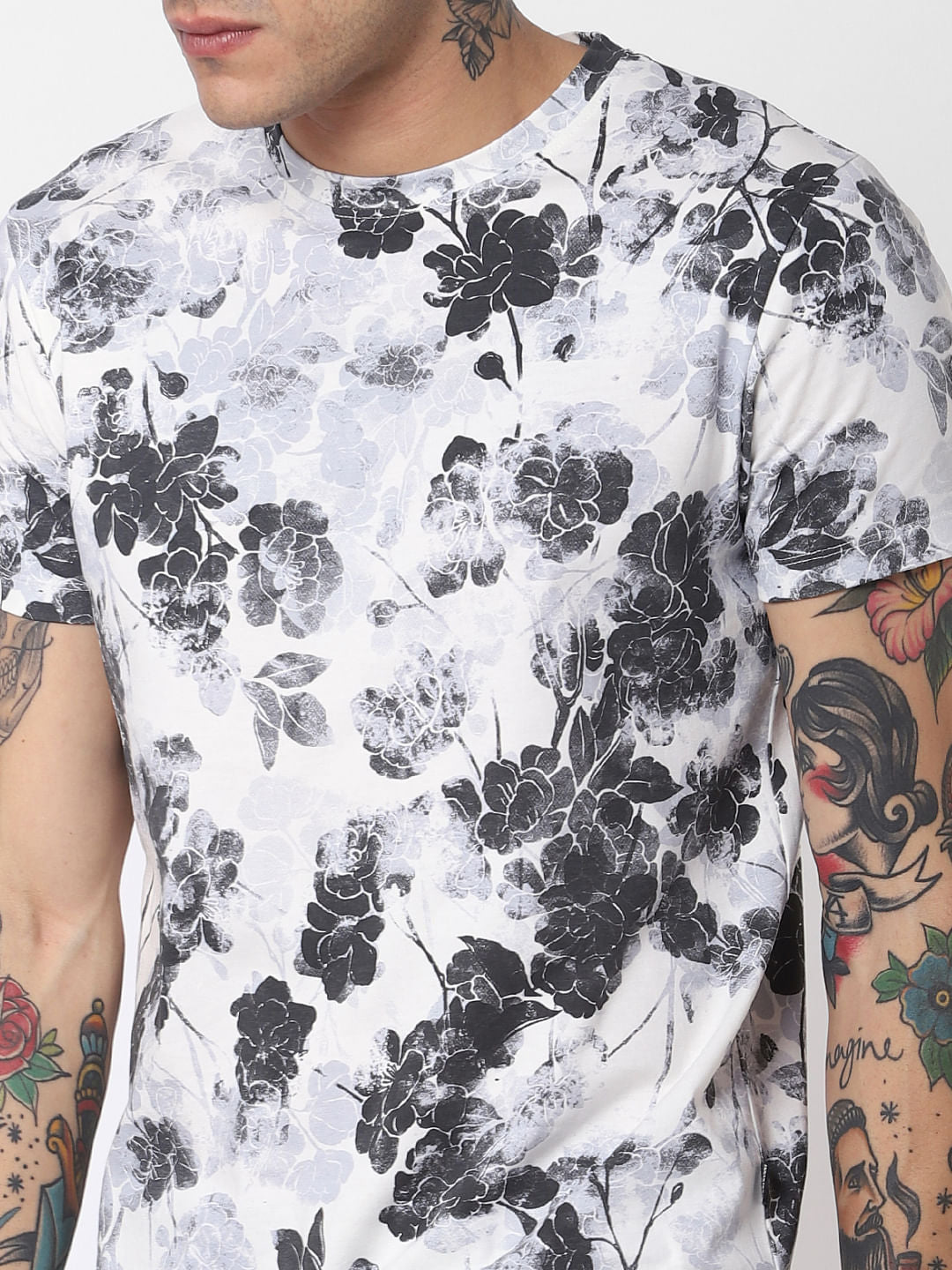 White Floral Print Crew Neck T-Shirt