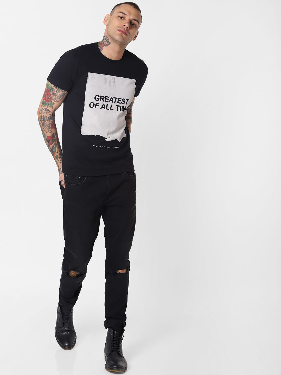 Black Patch Print Crew Neck T-Shirt
