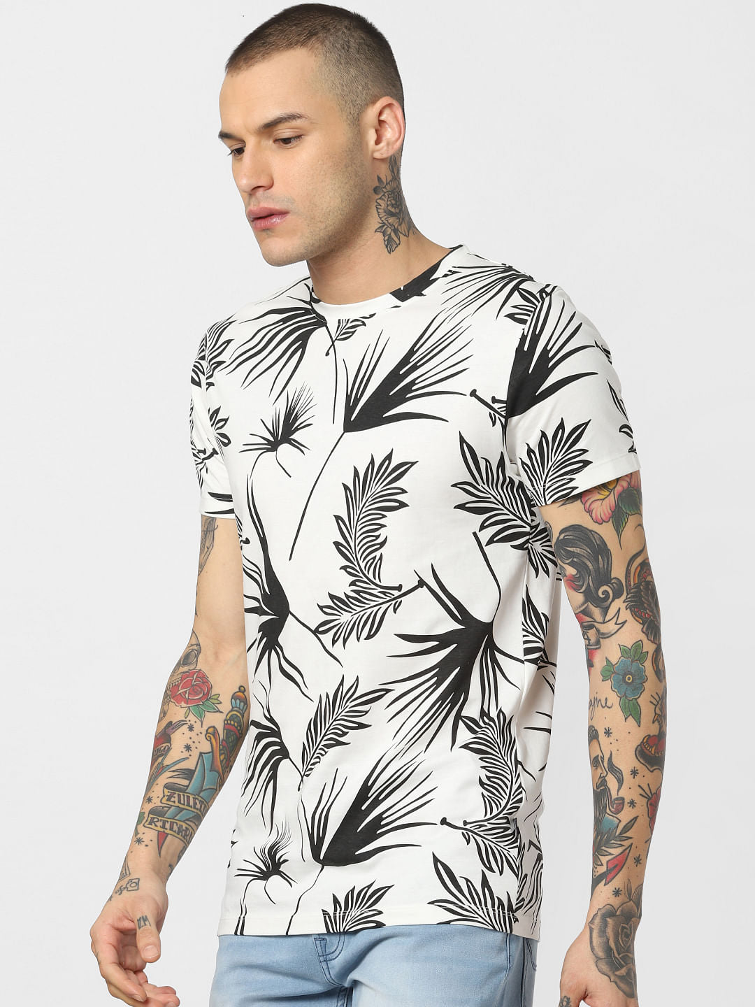 White All Over Print Crew Neck T-Shirt