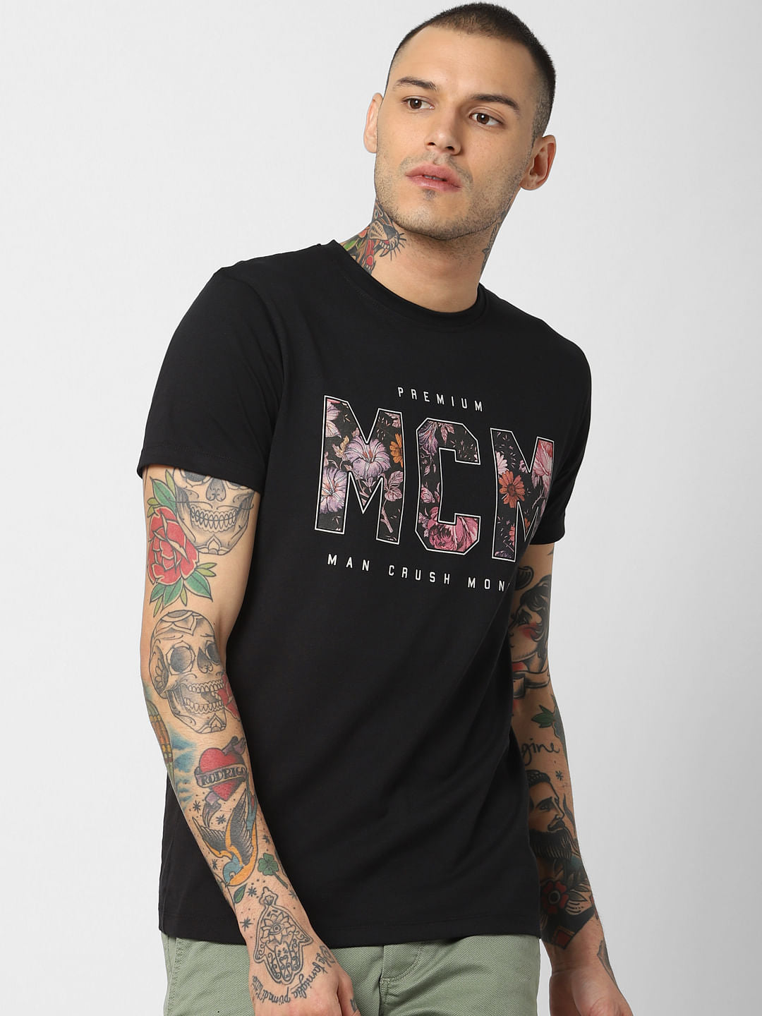 Black Typographic Print Crew Neck T-Shirt