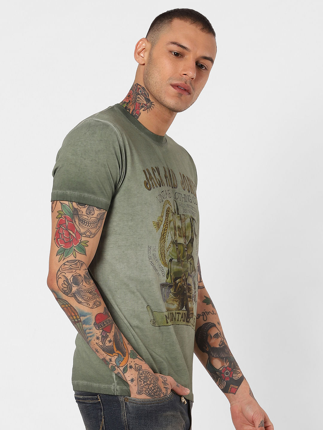 Green Printed Dyed Crew Neck T-Shirt