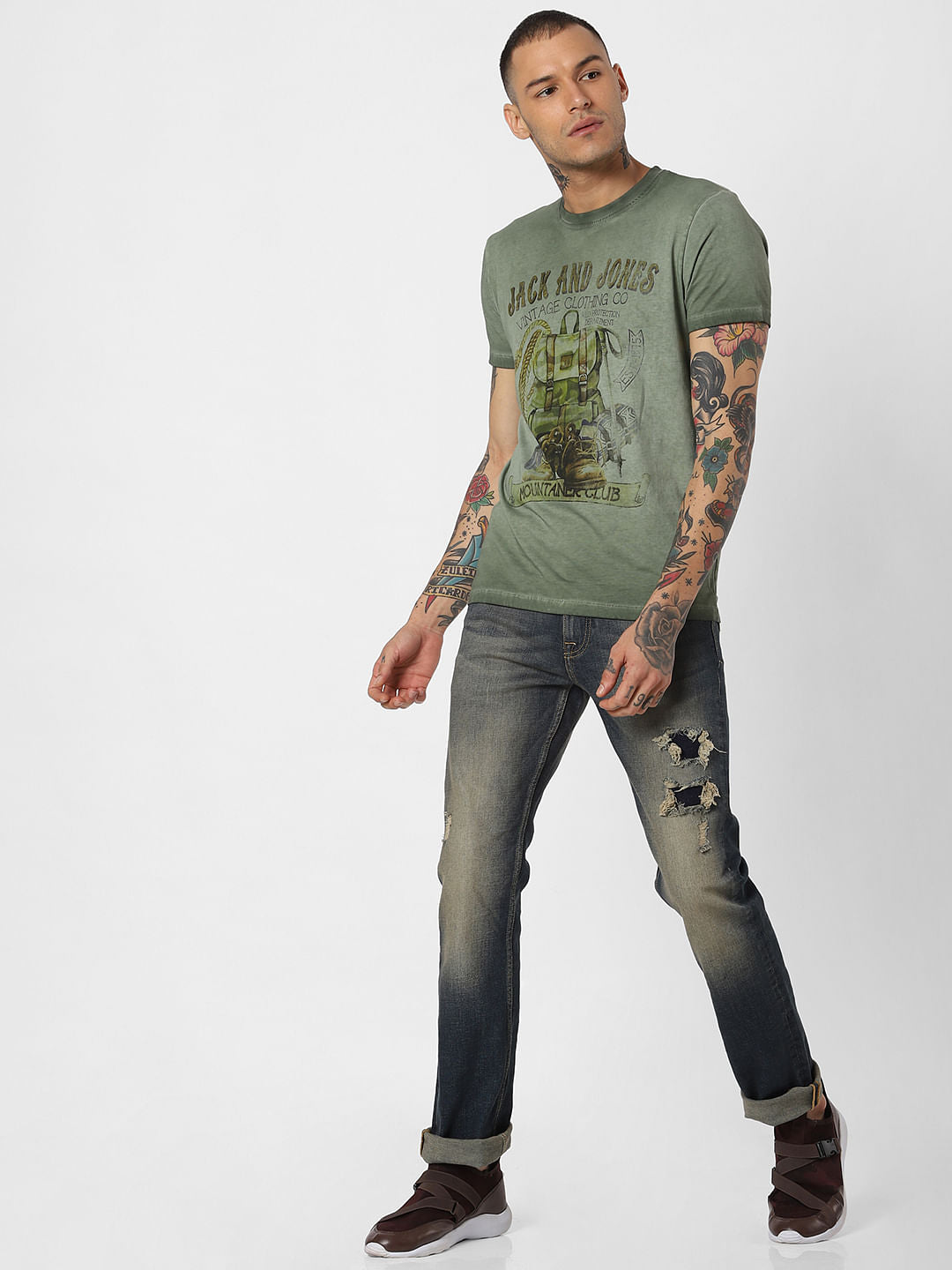 Green Printed Dyed Crew Neck T-Shirt
