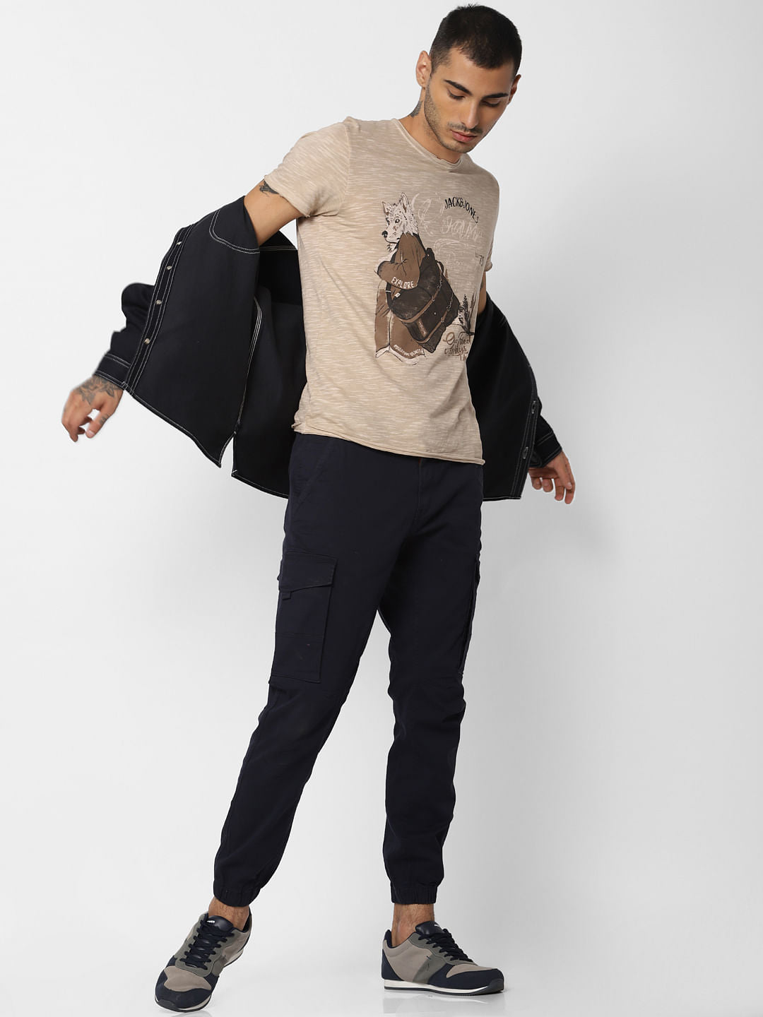 Beige Graphic Print Crew Neck T-shirt - S
