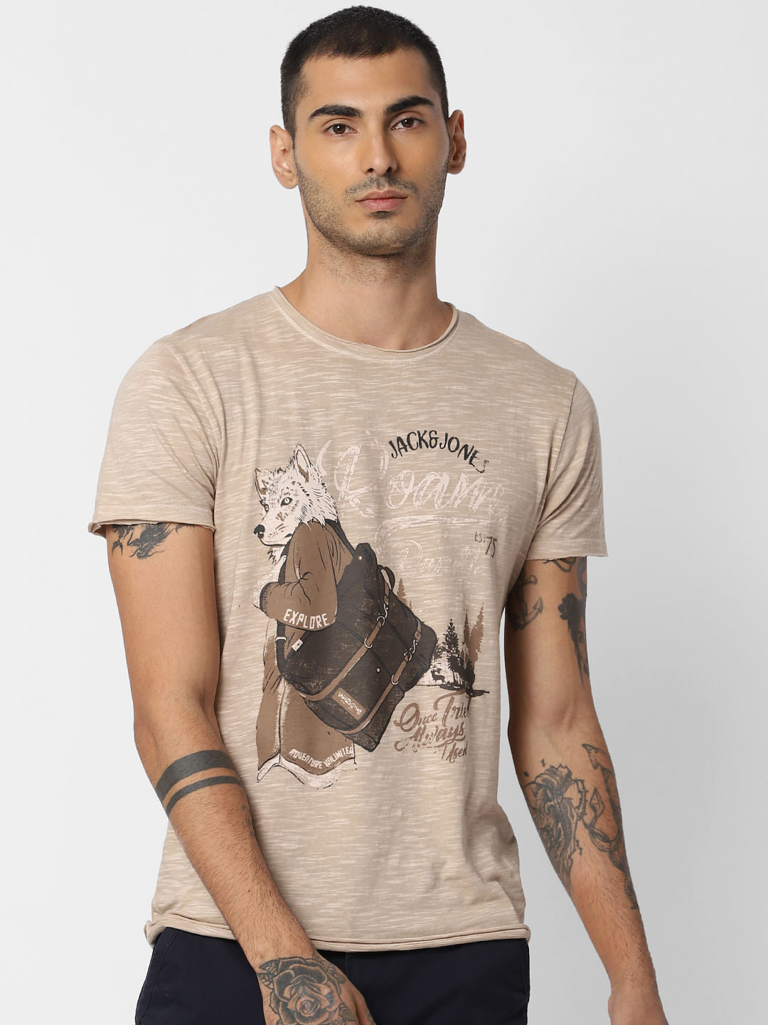 Beige Graphic Print Crew Neck T-shirt