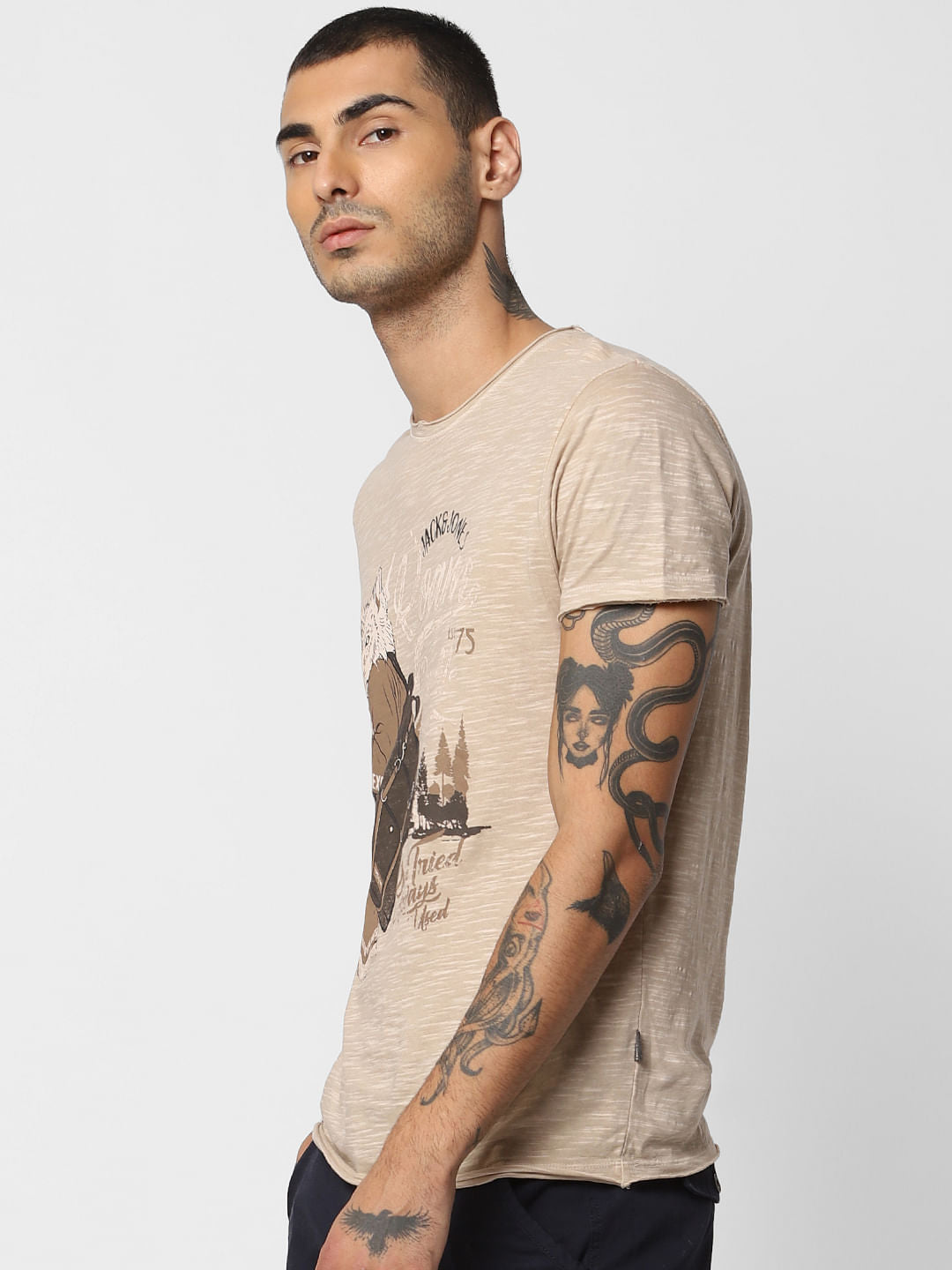 Beige Graphic Print Crew Neck T-shirt