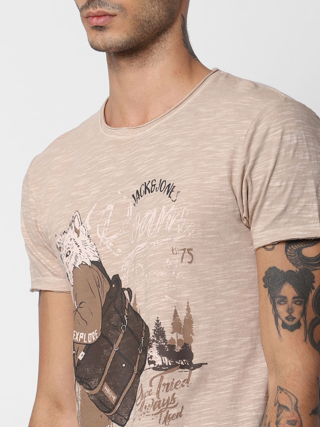 Beige Graphic Print Crew Neck T-shirt