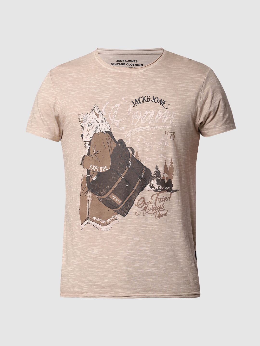 Beige Graphic Print Crew Neck T-shirt