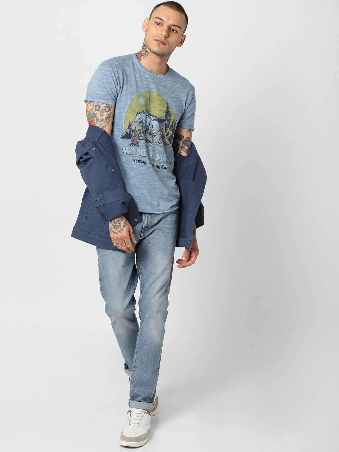 Blue Graphic Print Crew Neck T-Shirt - S
