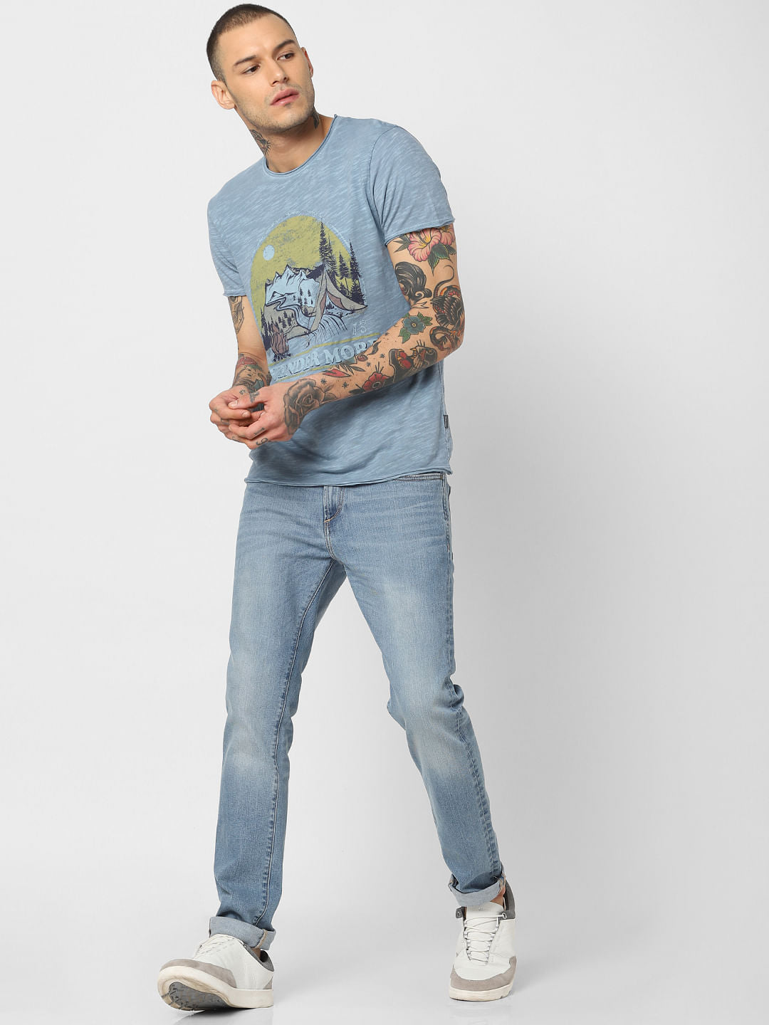 Blue Graphic Print Crew Neck T-Shirt