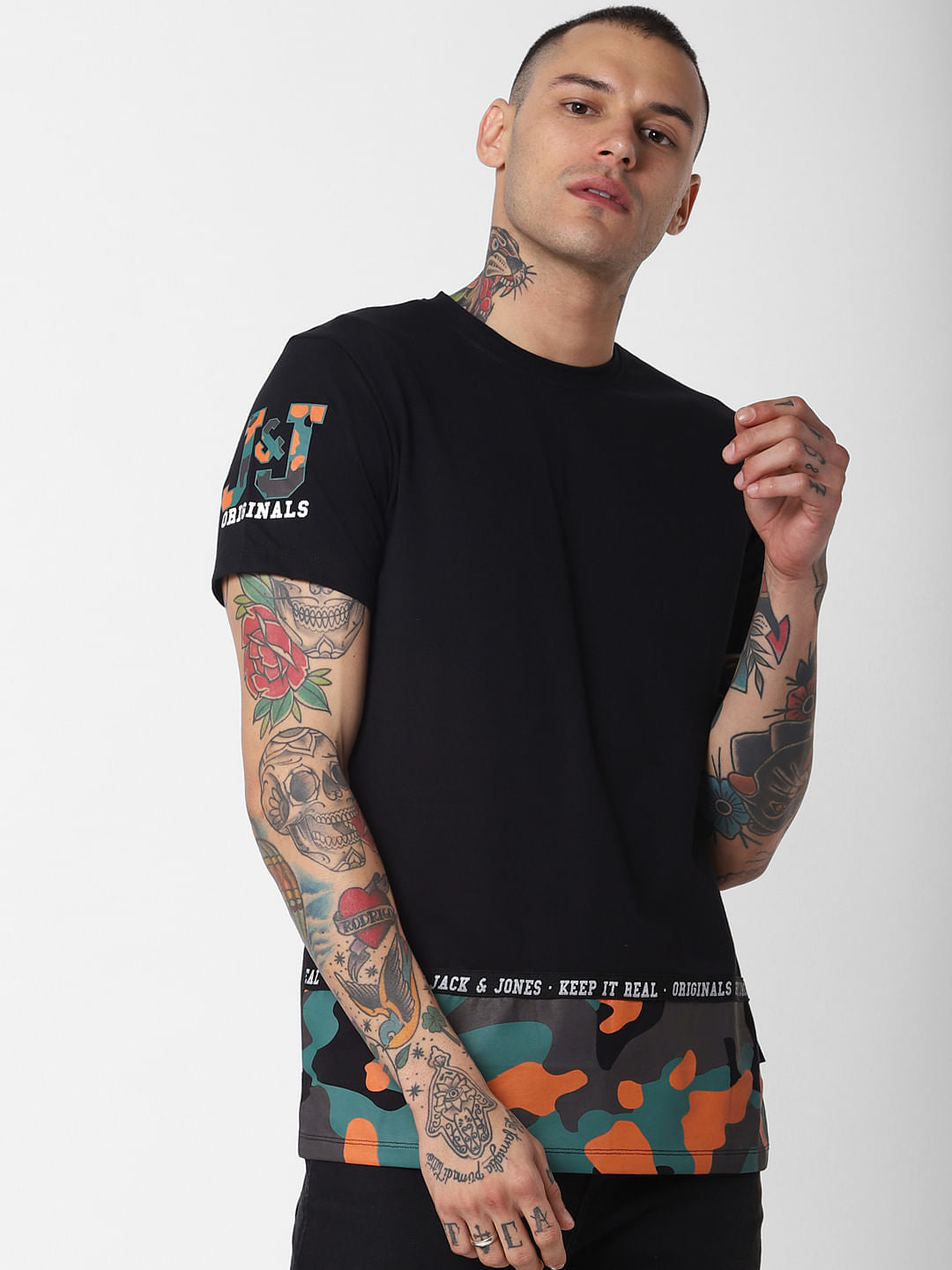 Black Camo Patch Crew Neck T-Shirt