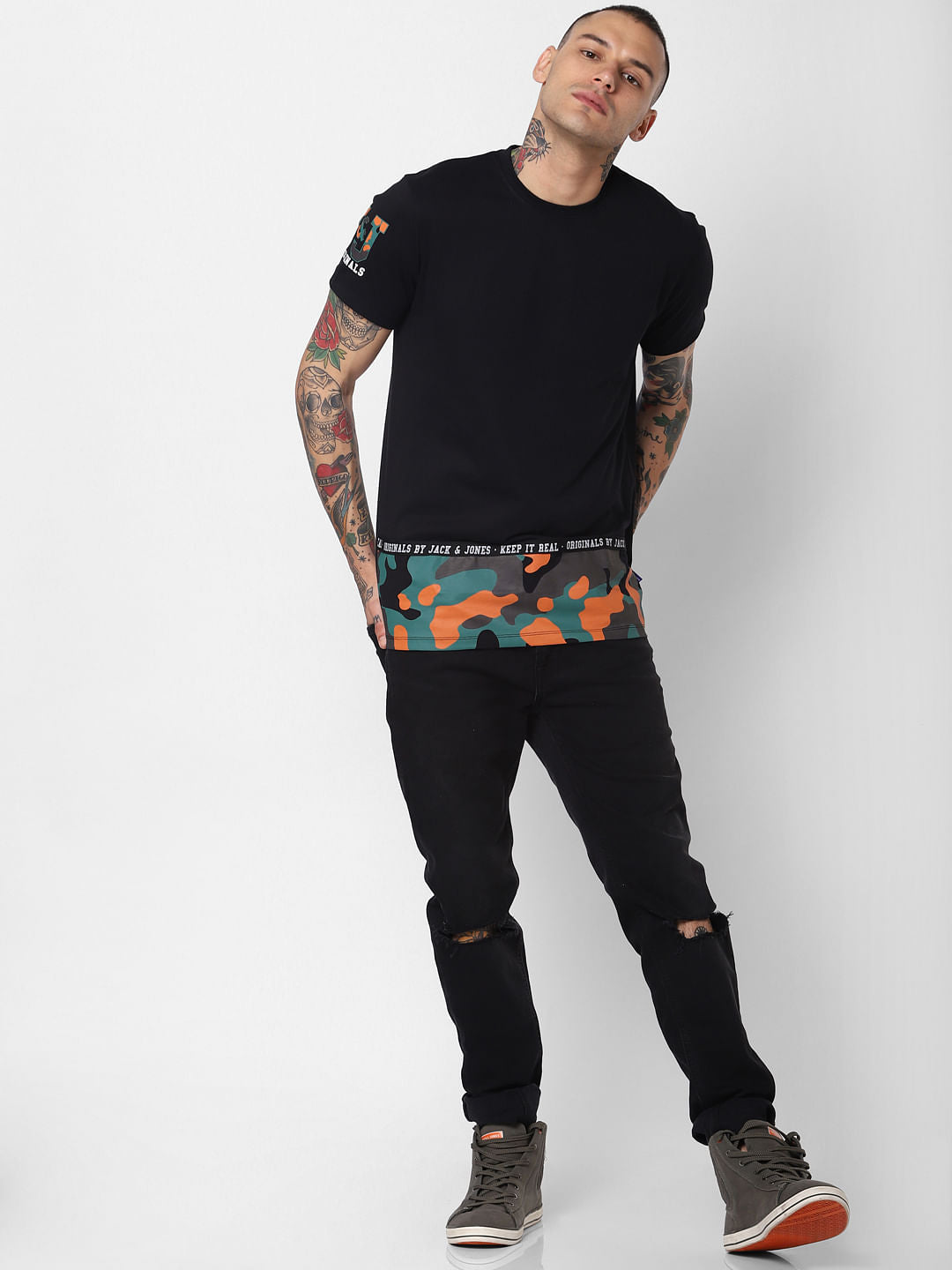 Black Camo Patch Crew Neck T-Shirt