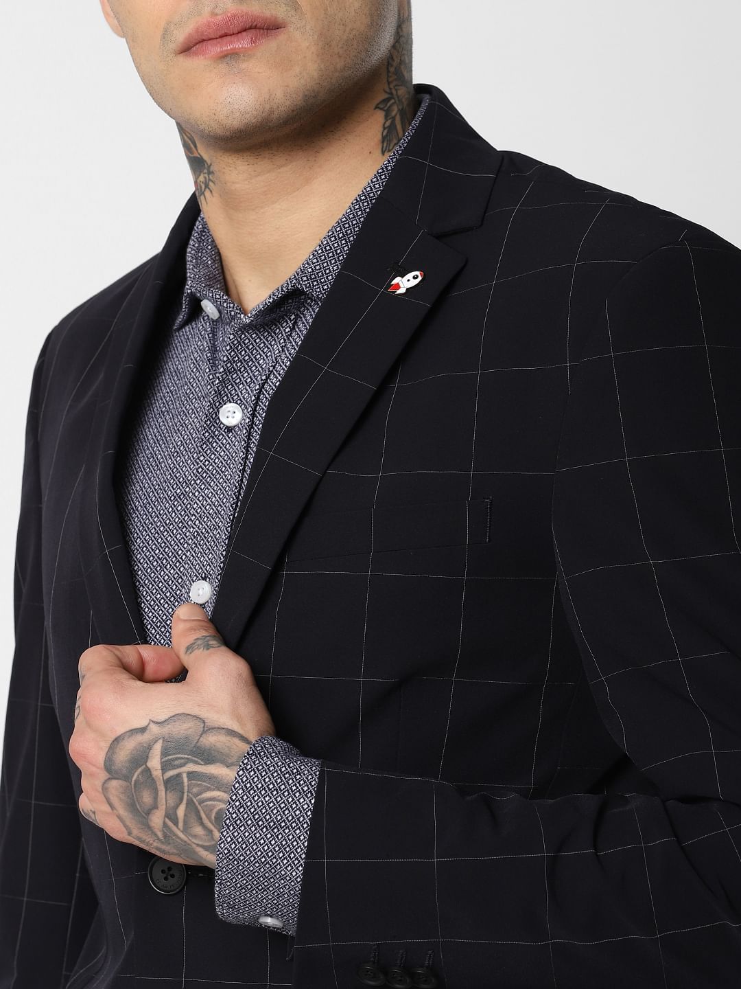 Navy Blue Check Formal Blazer