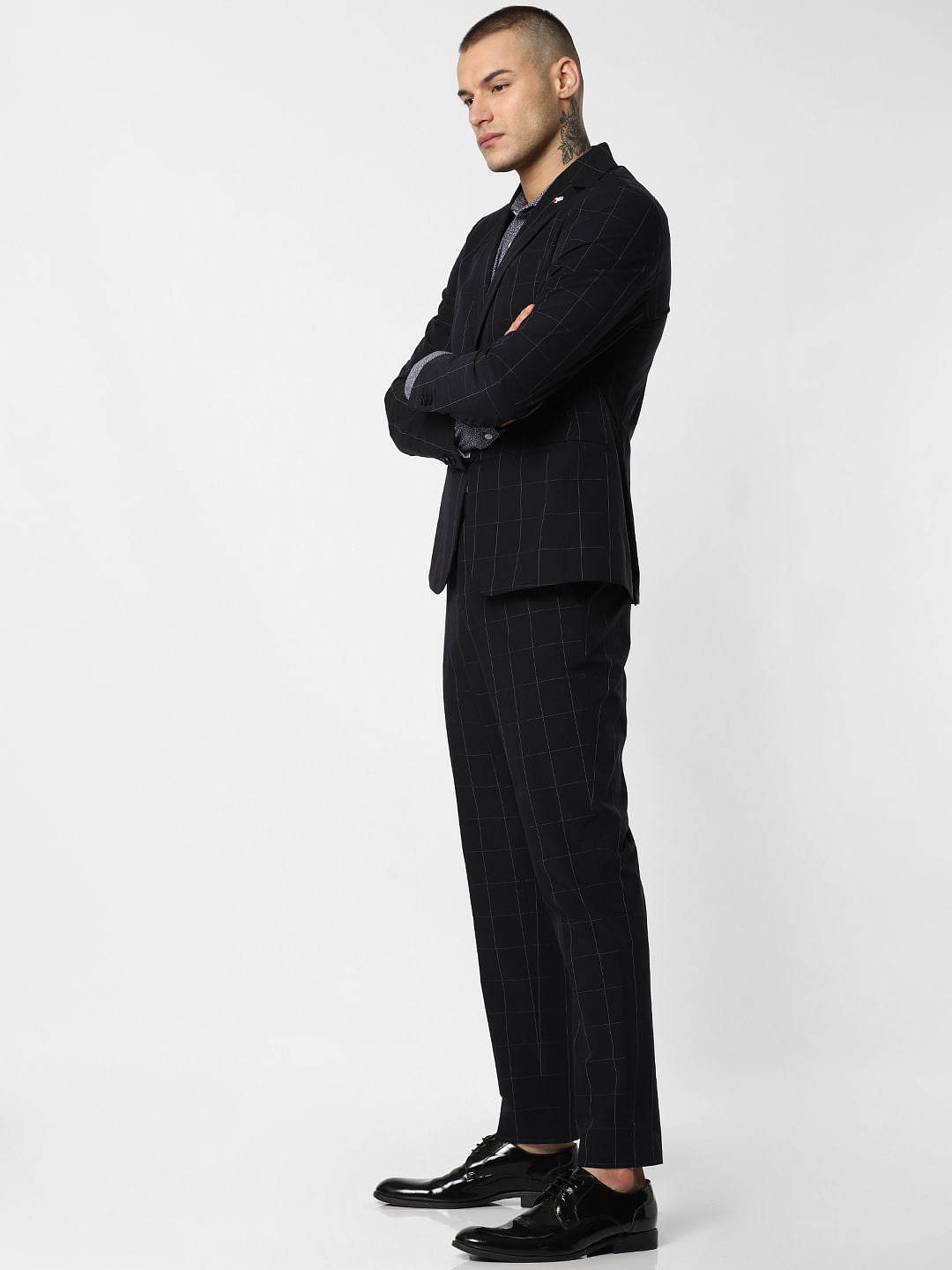 Navy Blue Check Suit-Set Blazer - 48