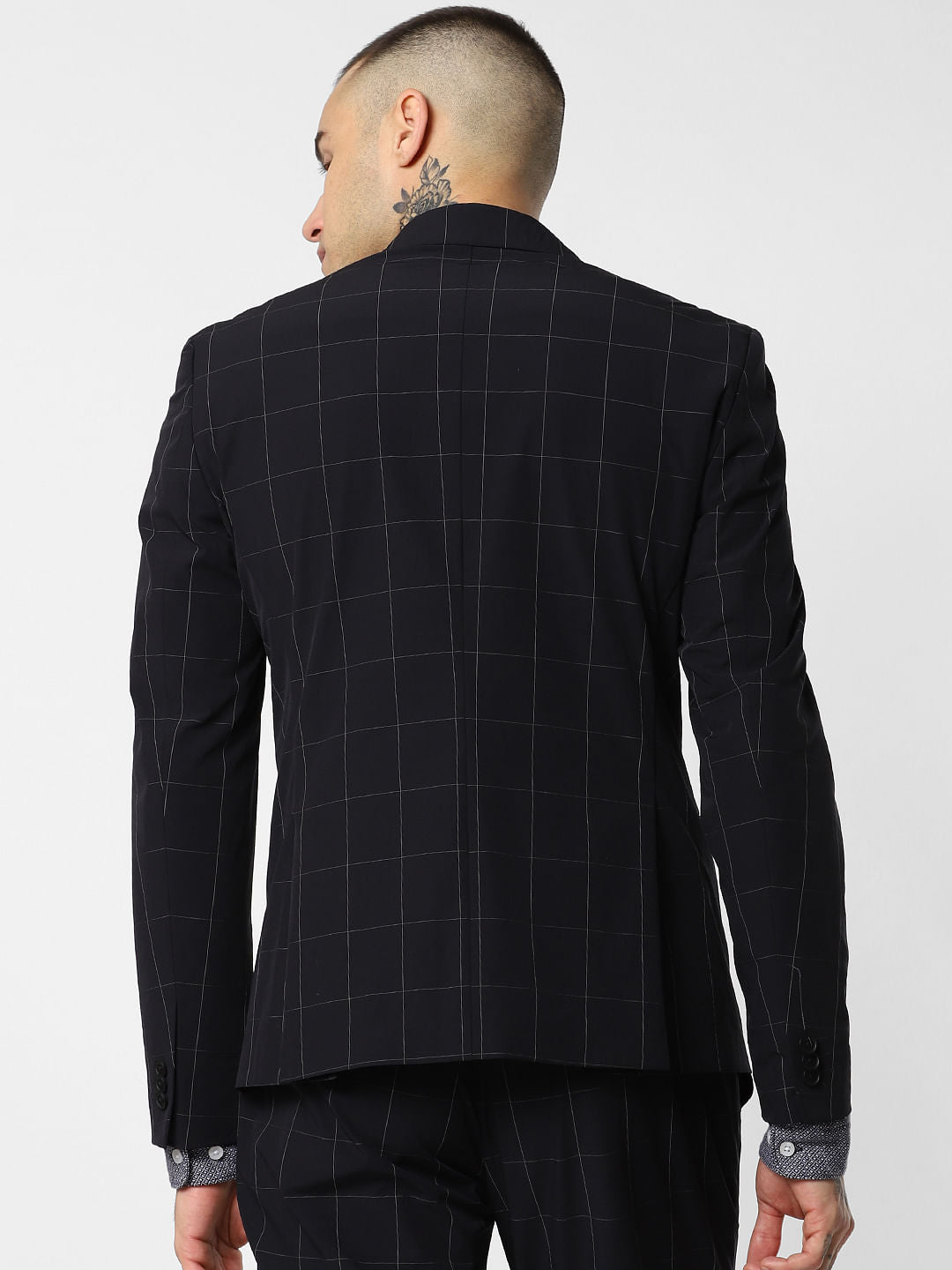 Navy Blue Check Suit-Set Blazer