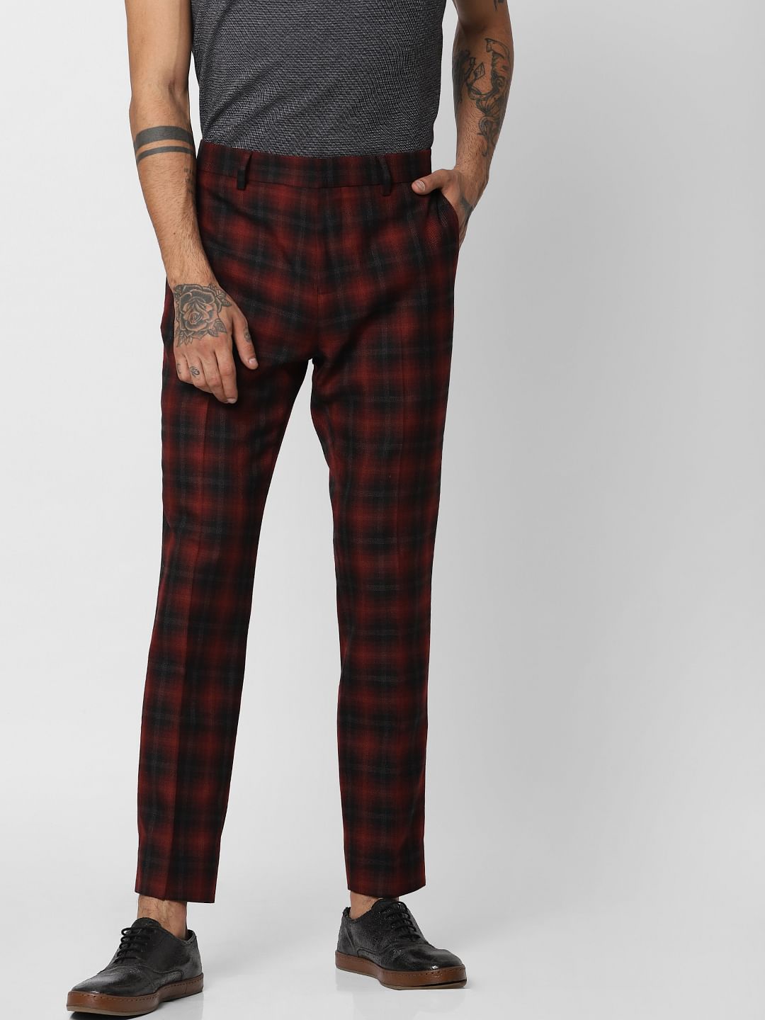 Red Check Slim Fit Trousers