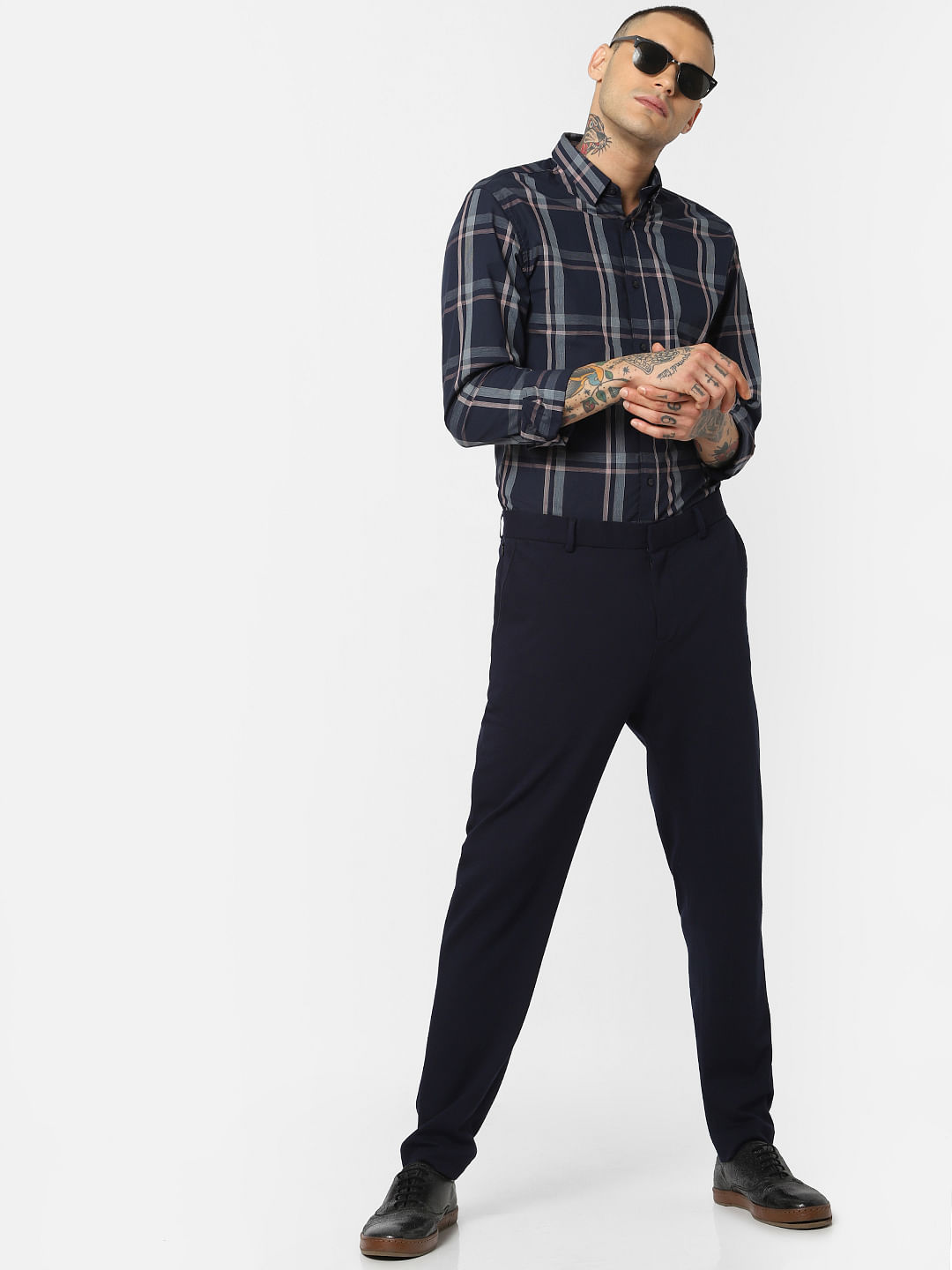 Dark Blue Check Full Sleeves Shirt - XL