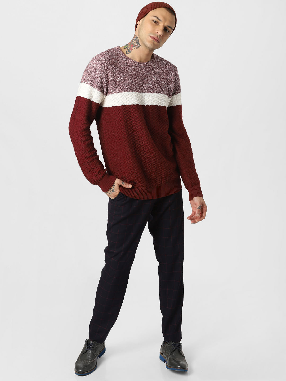 Maroon Colourblocked Textured Pullover - S