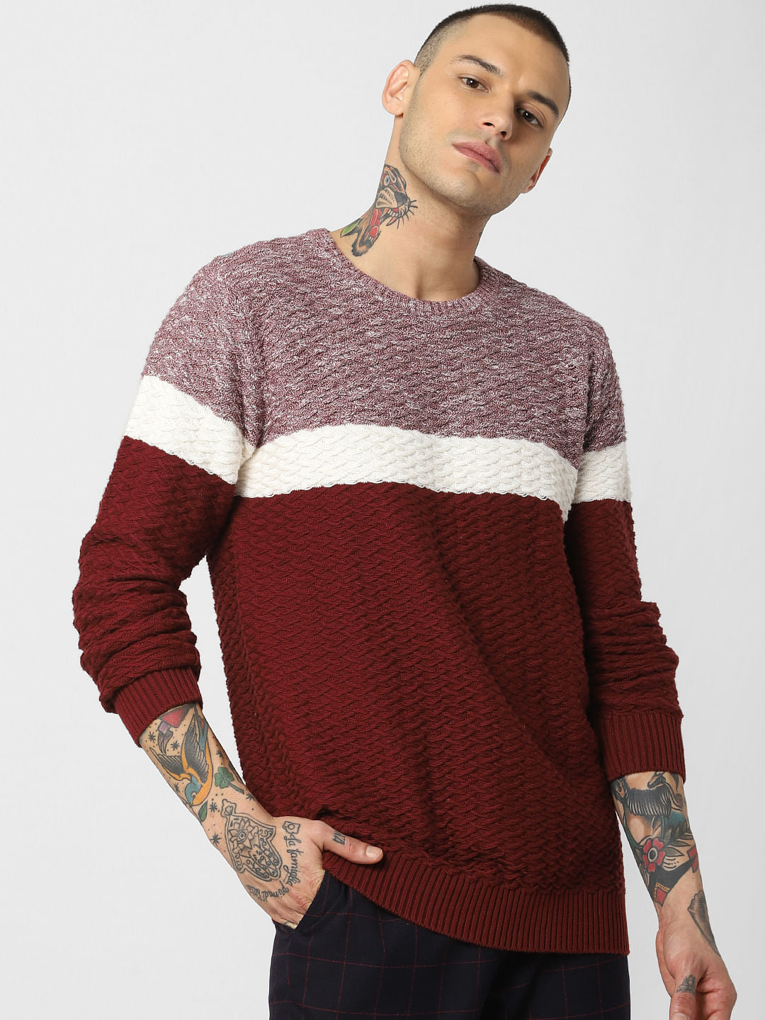 Maroon Colourblocked Textured Pullover