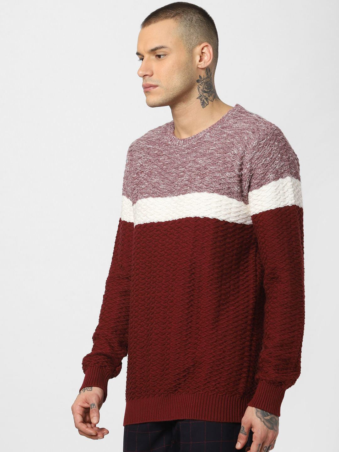 Maroon Colourblocked Textured Pullover