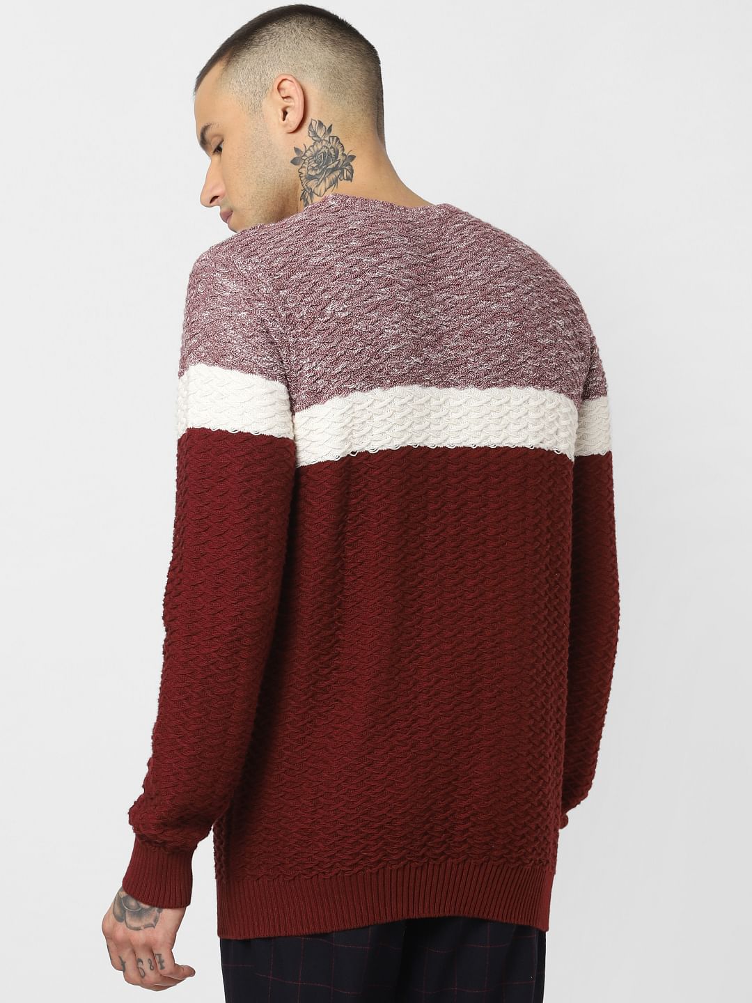Maroon Colourblocked Textured Pullover