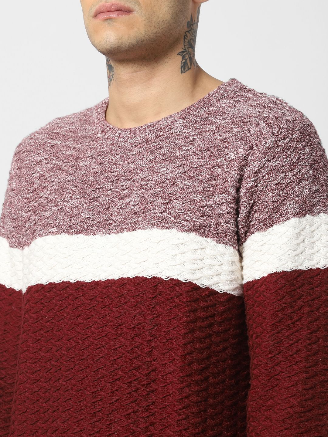 Maroon Colourblocked Textured Pullover